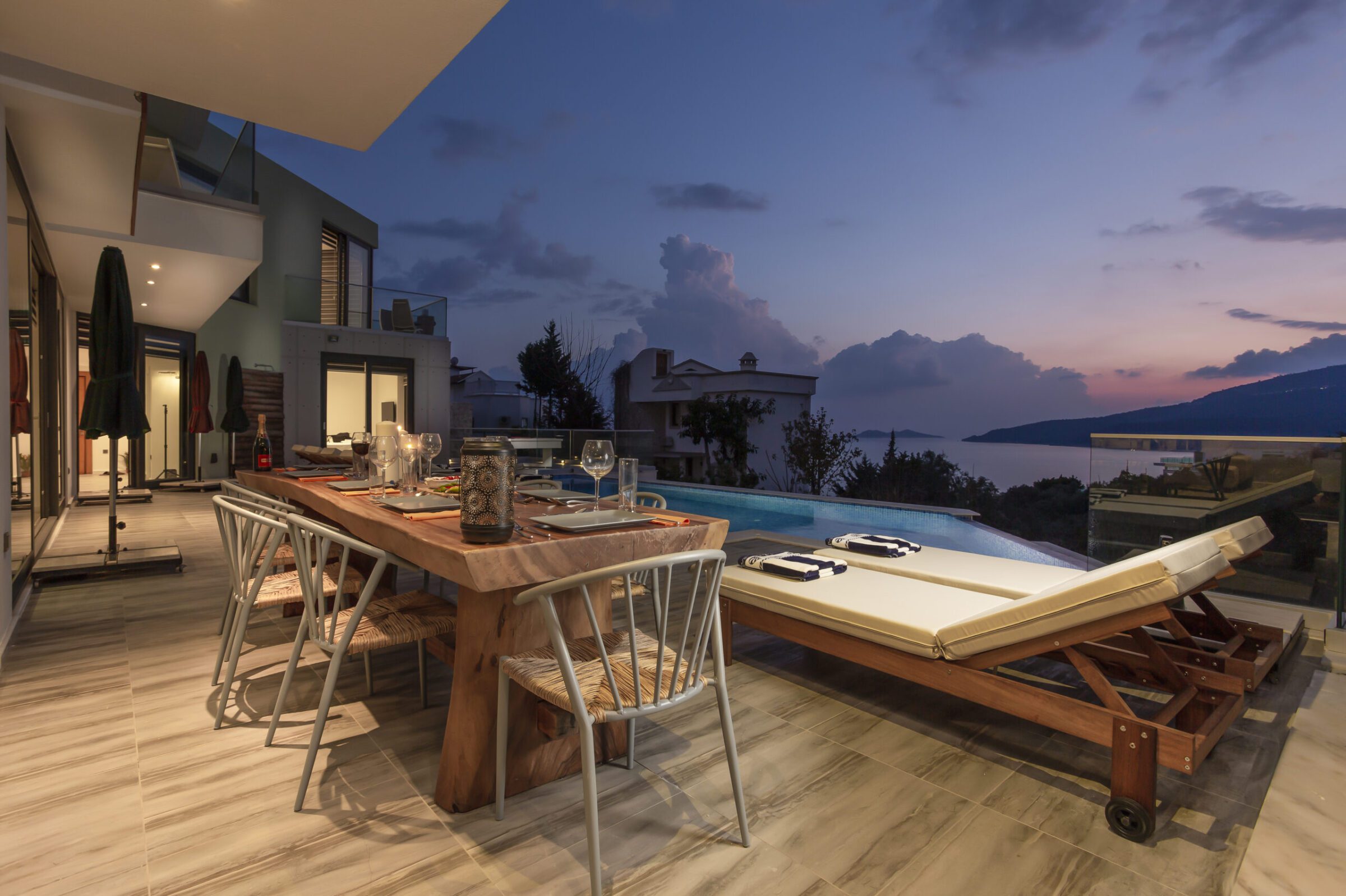 Outdoor pool and sun loungers in Villa Poyraz, villa holidays in Kalkan, Turkey