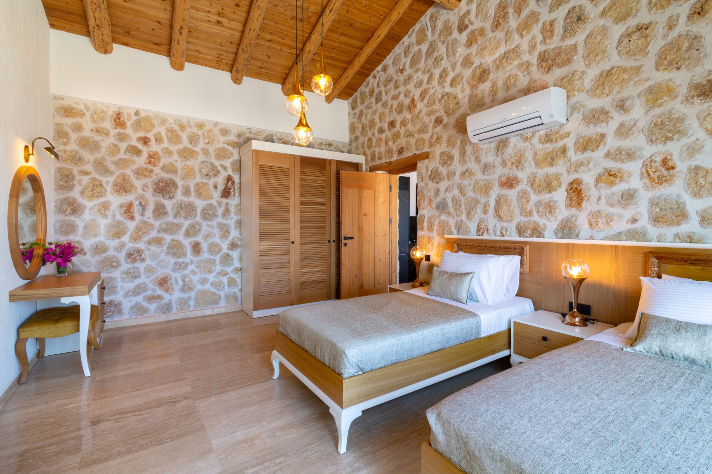 Twin bedroom with garden access in Villa Water Edge 3, villa holidays in Kalkan, Turkey