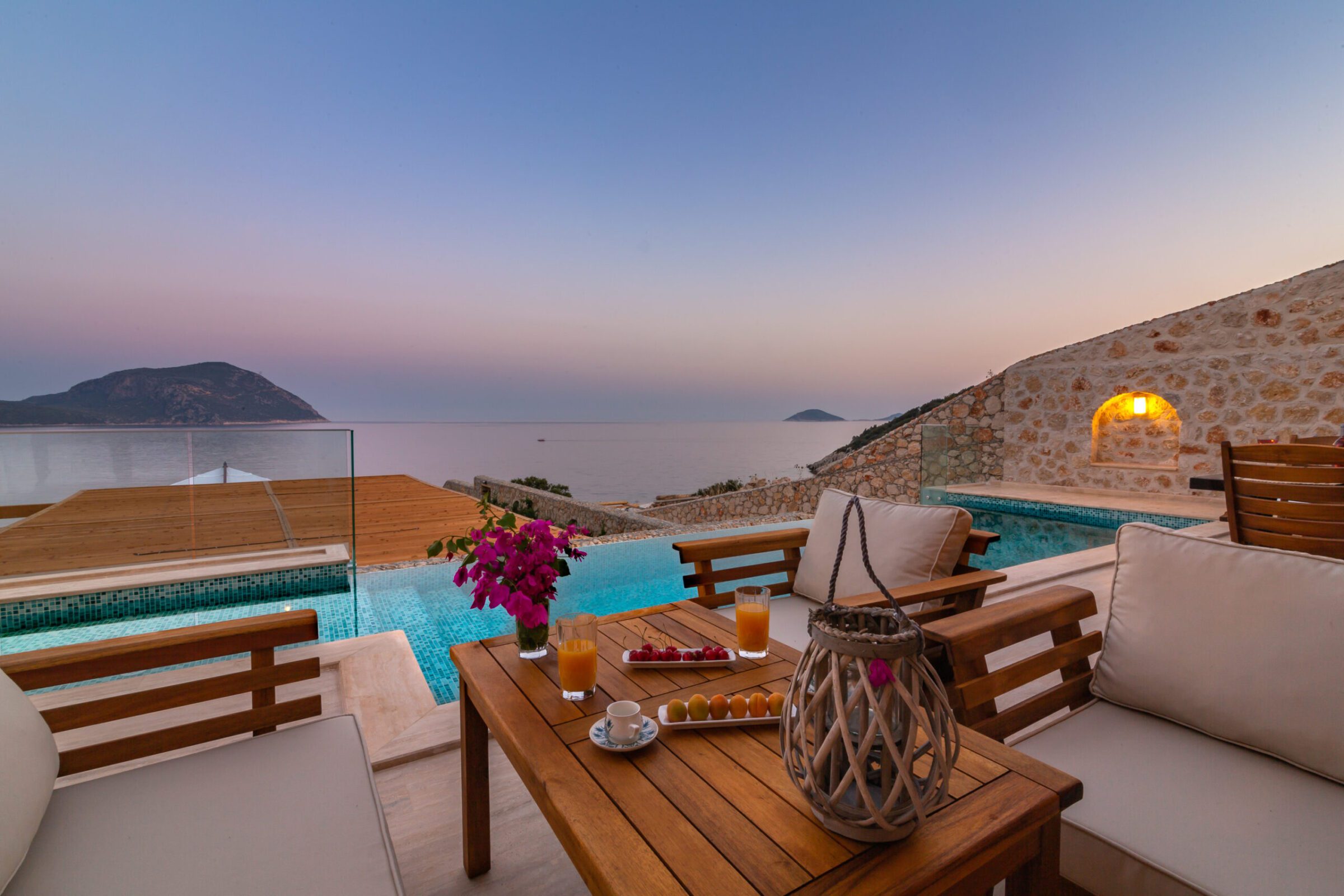 Outdoor pool and sun loungers in Villa Water Edge 3, villa holidays in Kalkan, Turkey