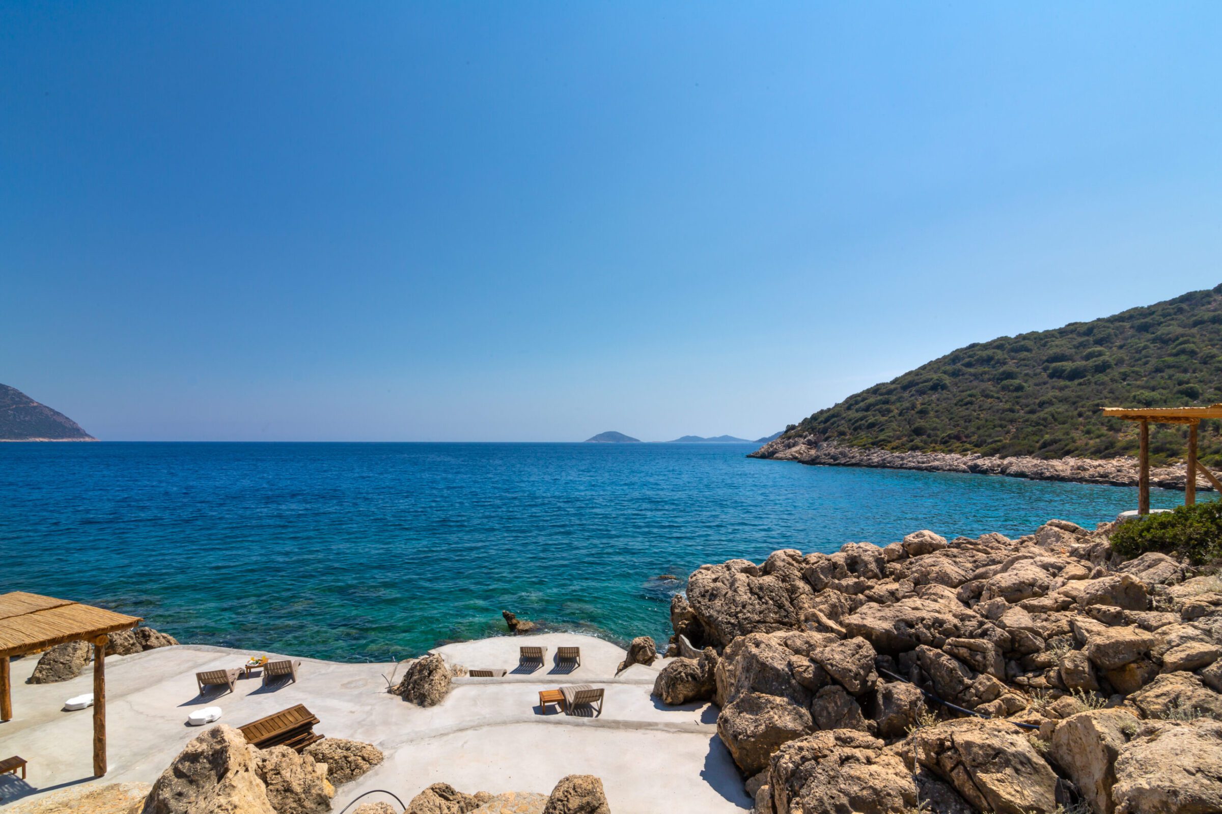 Private beach with sun loungers on for Villa Water Edge 1, villas to rent in Kalkan, Turkey
