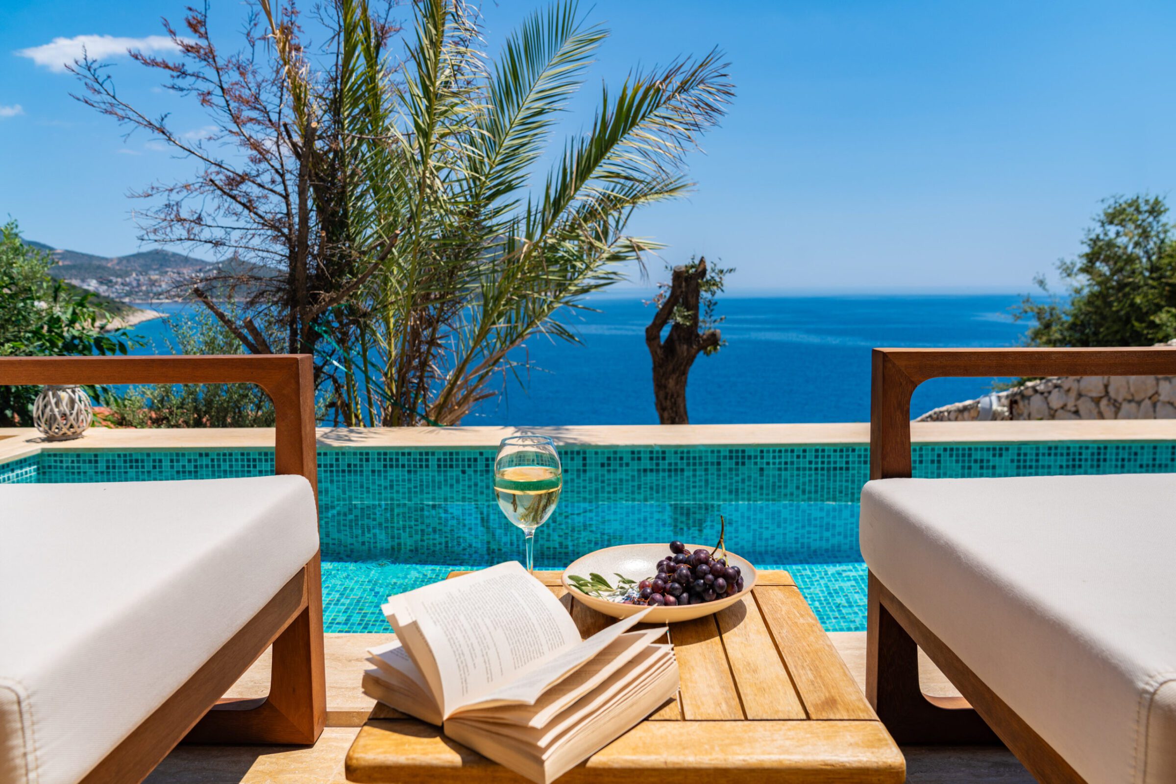 Outdoor pool and view from Villa Water's Edge 5, villas to rent in Kalkan, Turkey