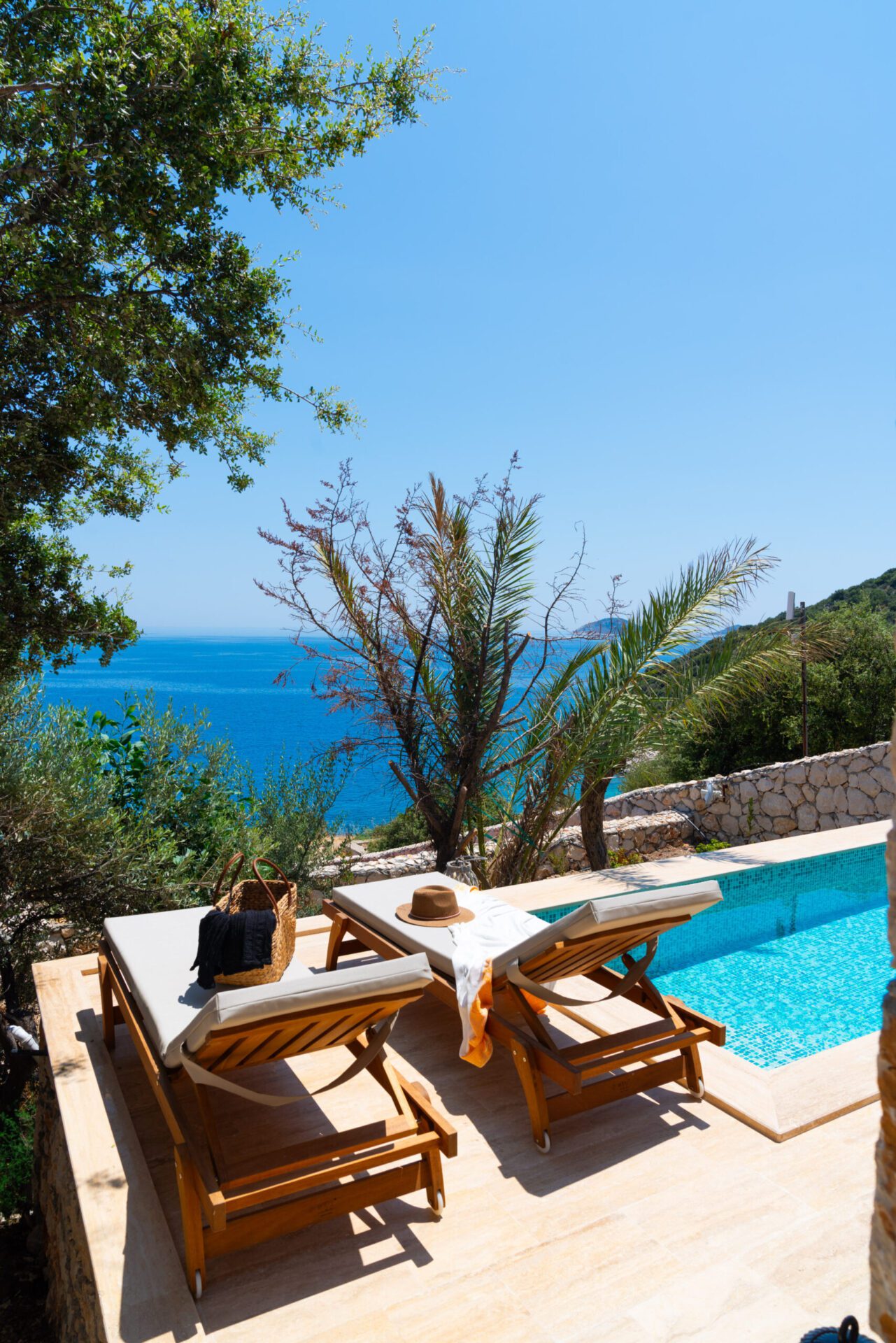 Outdoor pool and sun loungers in Villa Water Edge 5, villas to rent in Kalkan, Turkey