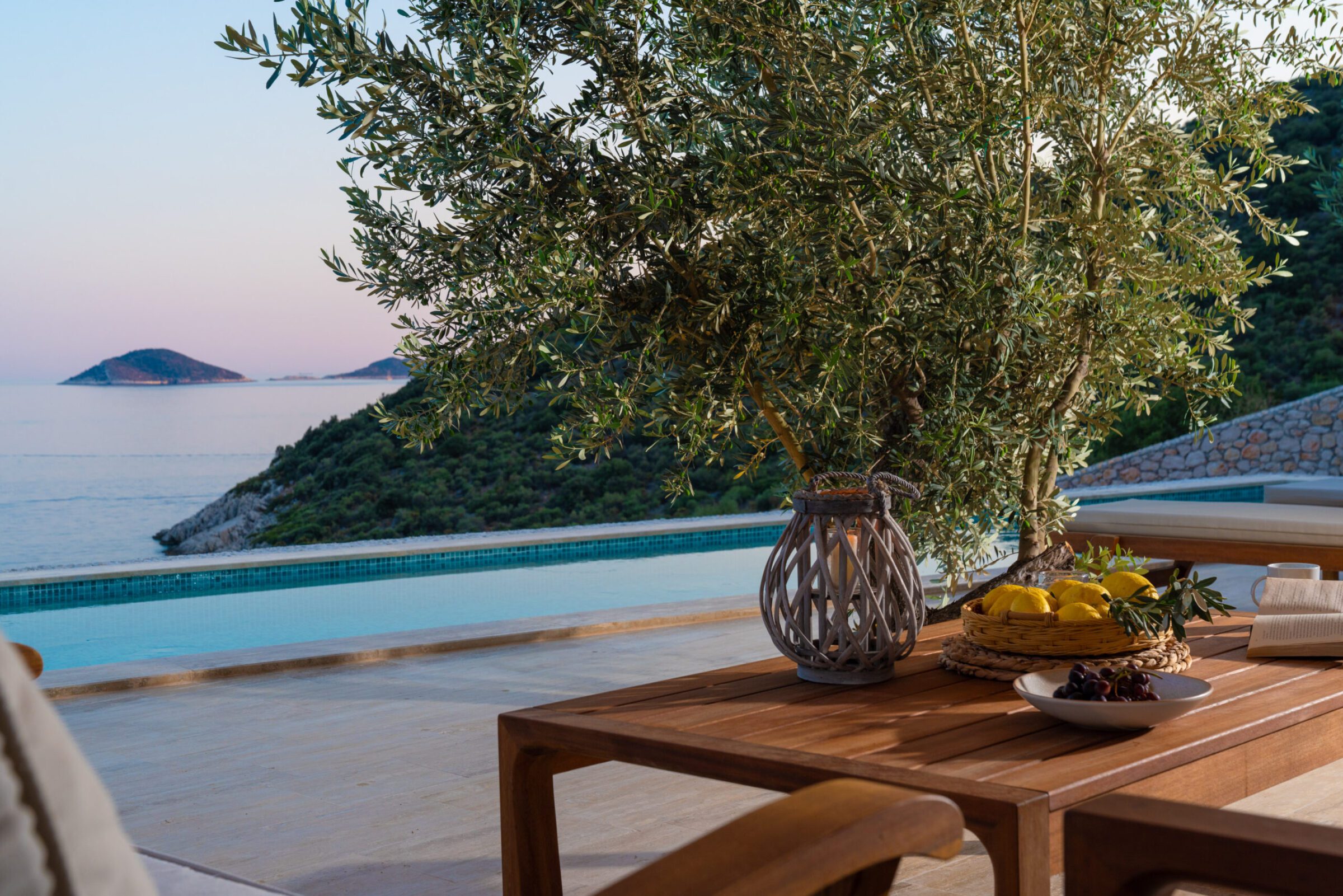 Outdoor pool and sun loungers in Villa Water Edge 4, villas to rent in Kalkan, Turkey