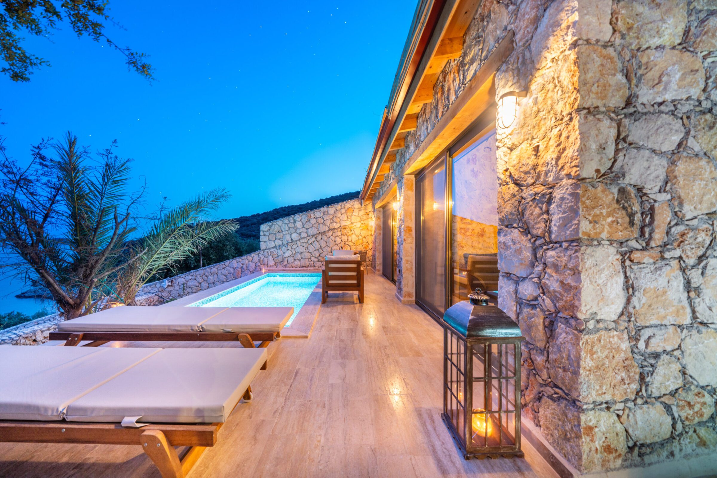 Outdoor pool and sun loungers in Villa Water Edge 5, villas to rent in Kalkan, Turkey