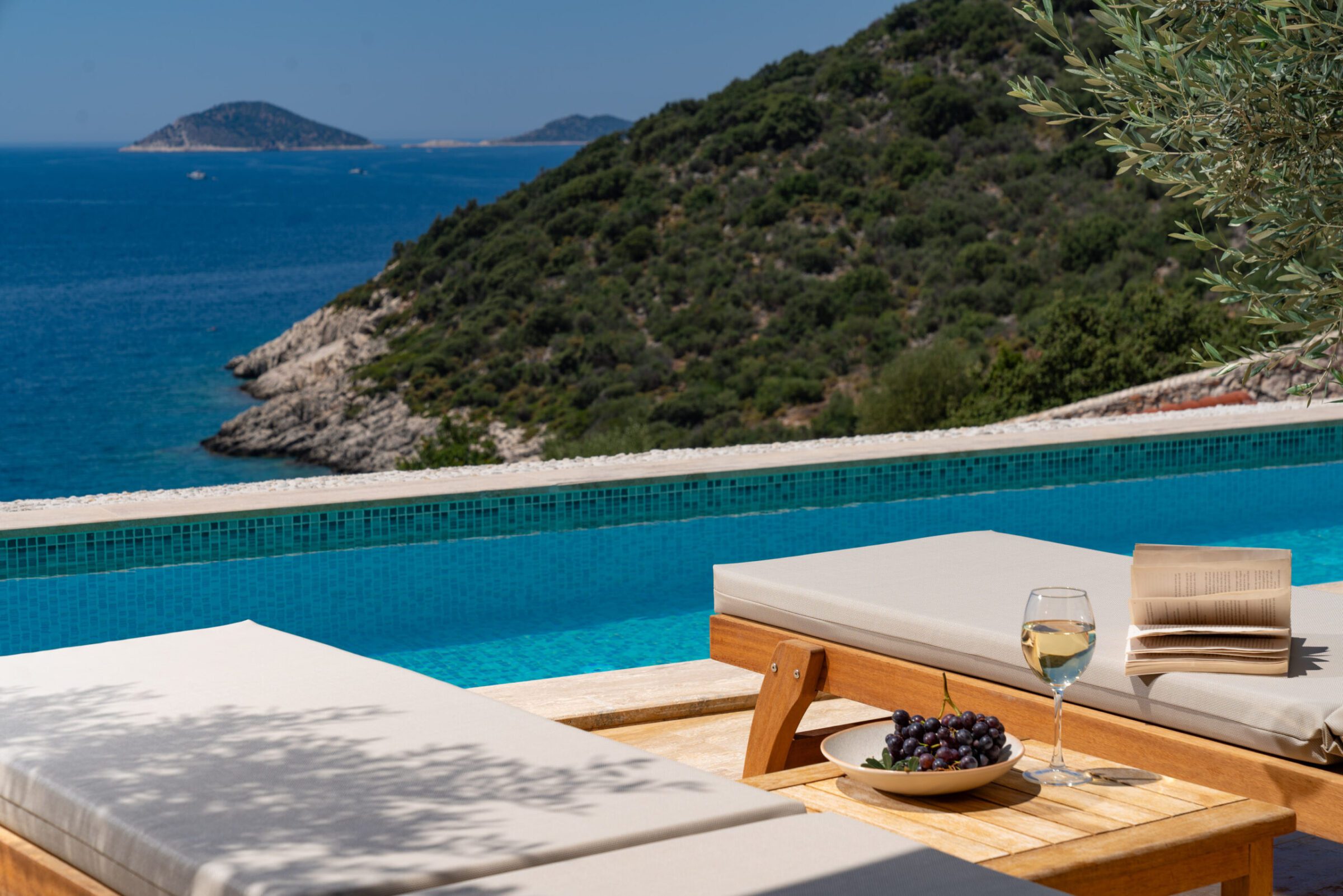 Outdoor pool and sun loungers in Villa Water Edge 4, villas to rent in Kalkan, Turkey