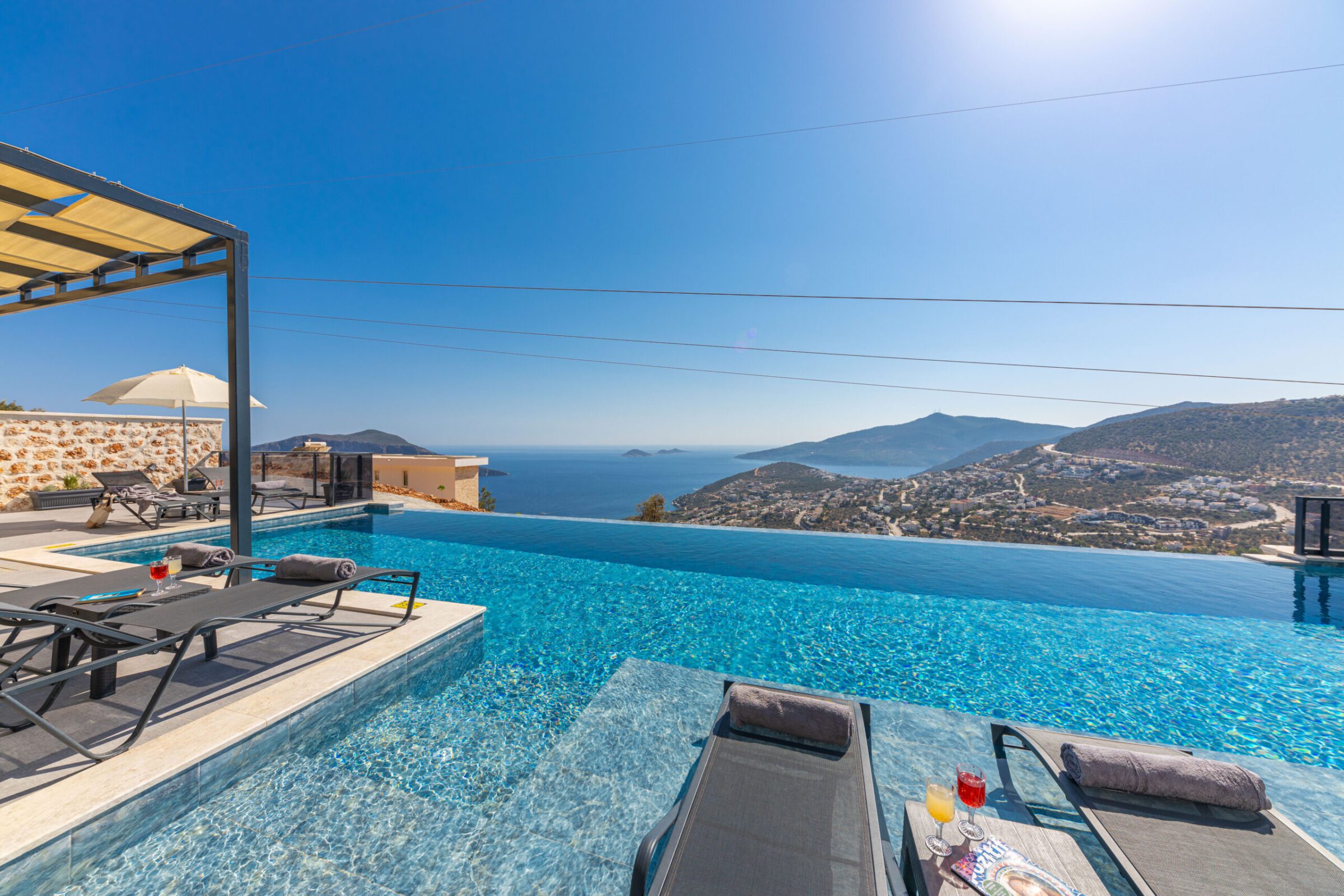 Outdoor pool and view from Villa Royal Falcon, villas to rent in Kalkan, Turkey