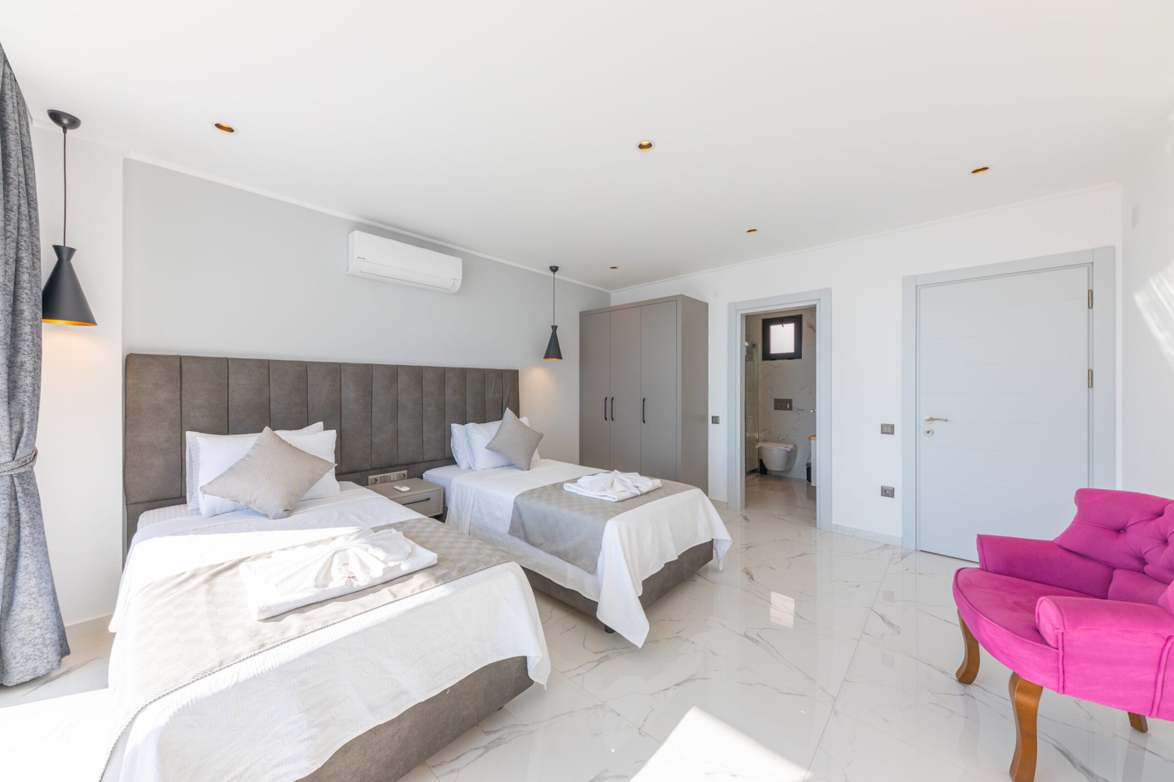 Twin bedroom with en suite and garden access in Villa Royal Falcon, villas to rent in Kalkan, Turkey