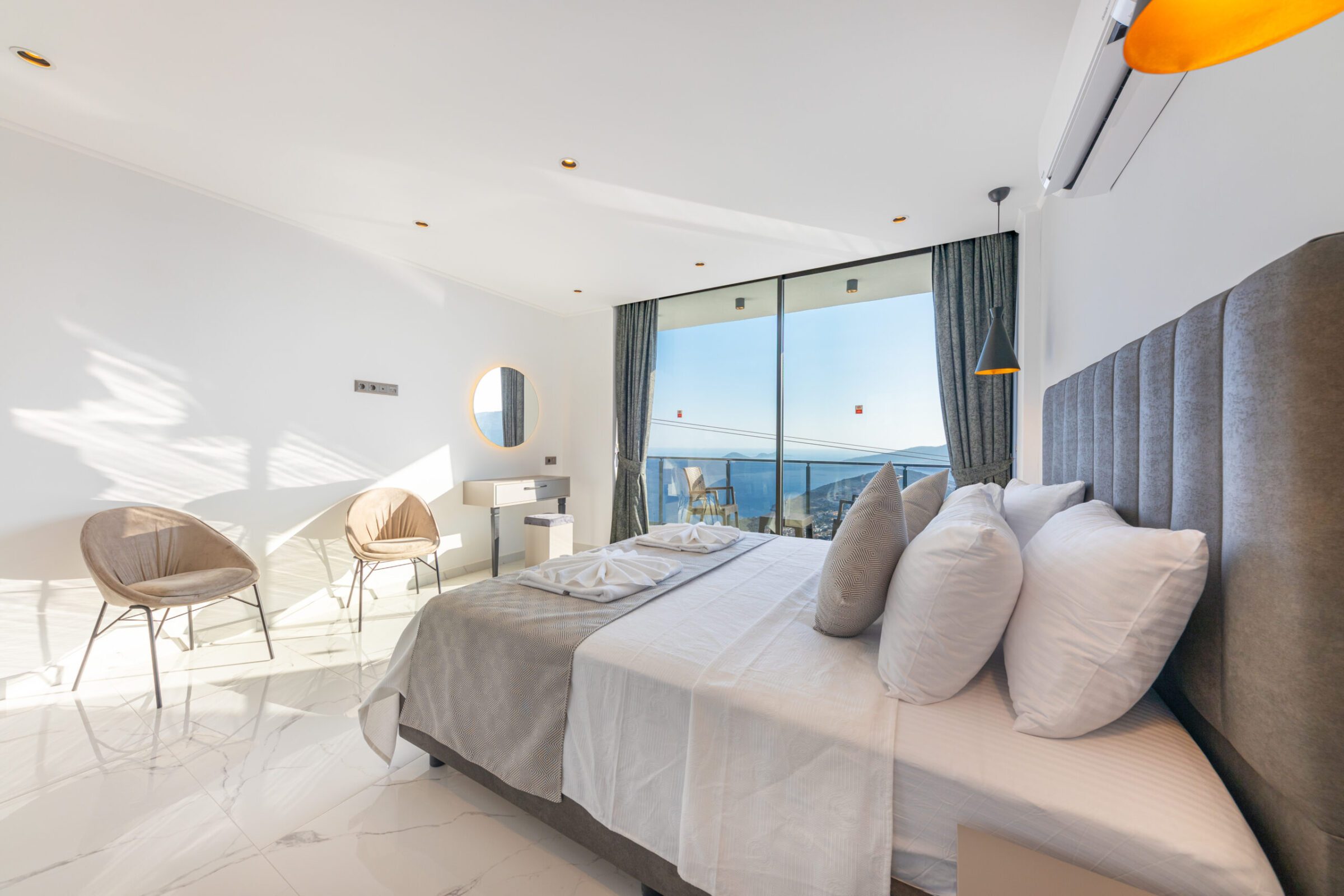 Double bedroom and balcony in Villa Royal Falcon, villas to rent in Kalkan, Turkey