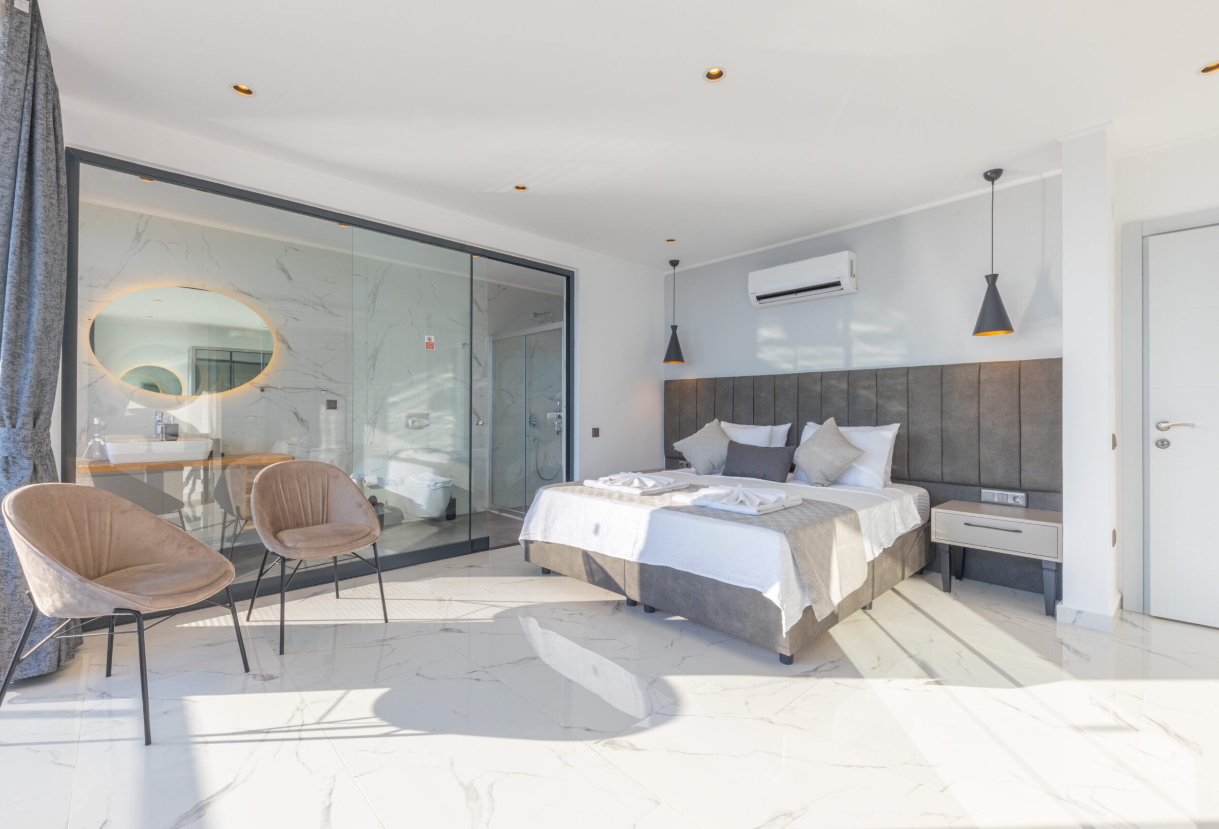 Spacious double bedroom and bathroom in Villa Royal Falcon, villas to rent in Kalkan, Turkey