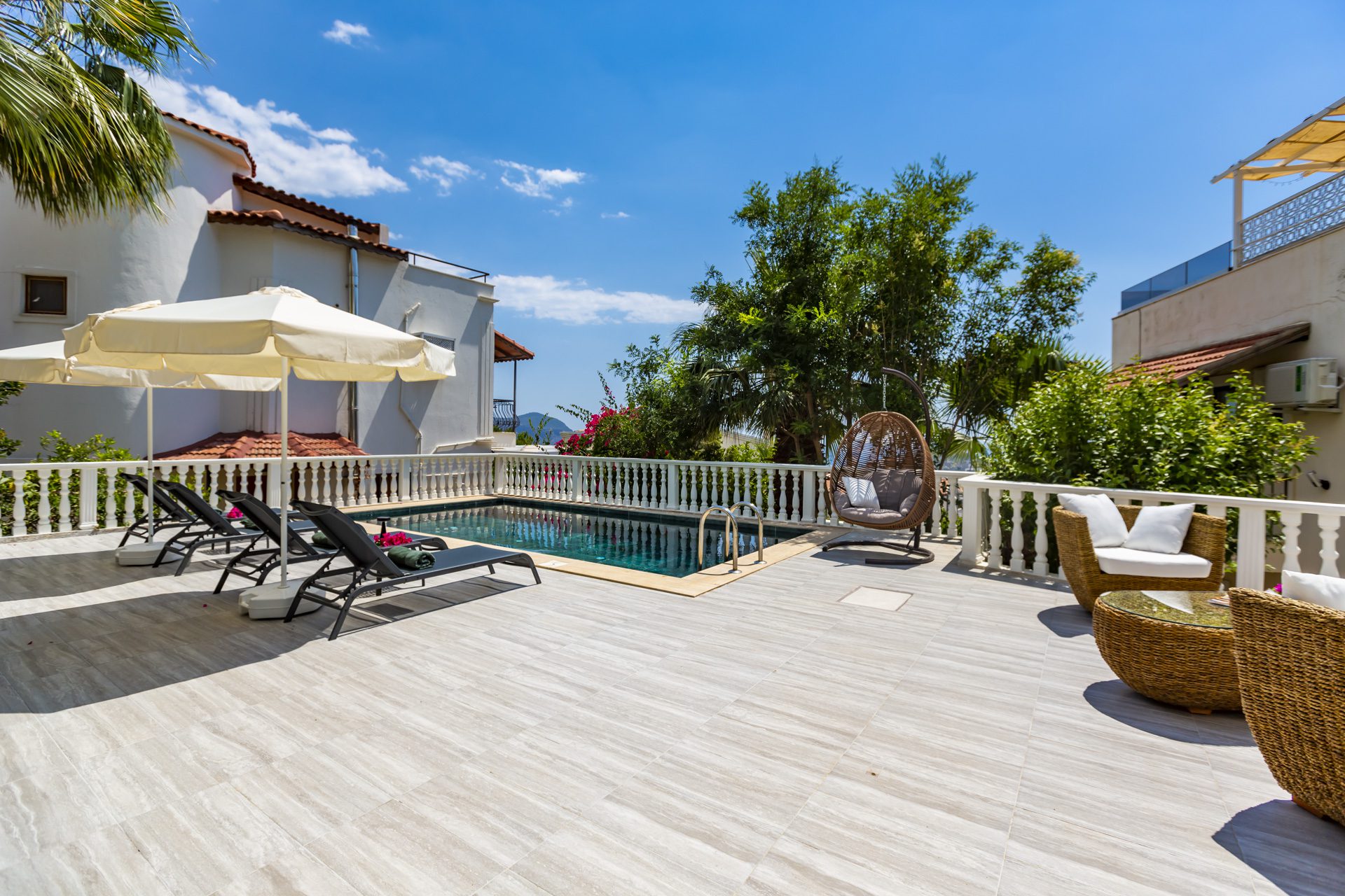Outdoor pool and seating area in Villa Verde, holiday villa to rent in Kalkan, Turkey