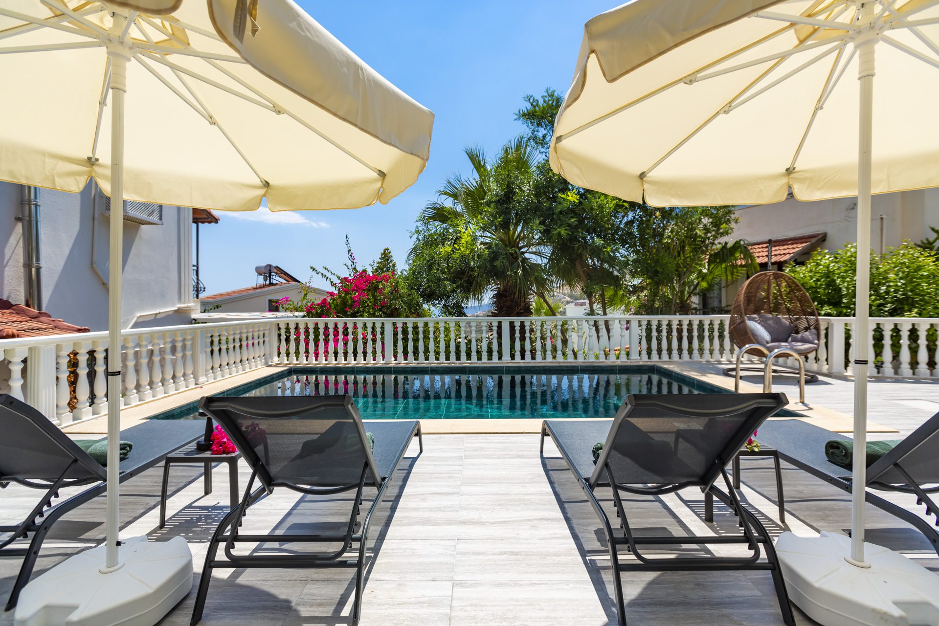 Outdoor pool and sun loungers in Villa Verde, holiday villa to rent in Kalkan, Turkey