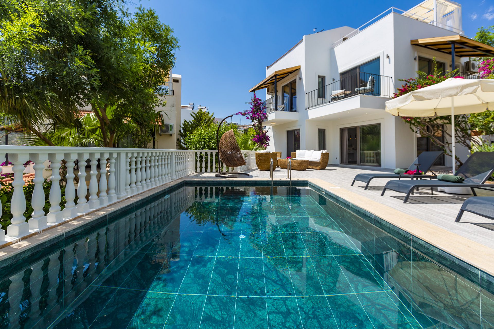 Outdoor pool and sun loungers in Villa Verde, holiday villa to rent in Kalkan, Turkey