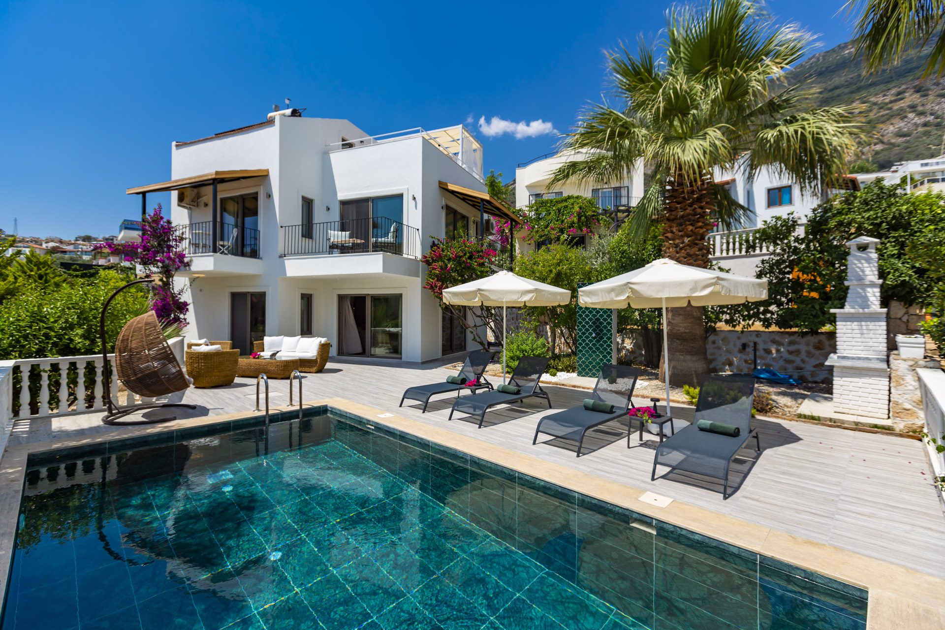 Outdoor pool and sun loungers in Villa Verde, holiday villa to rent in Kalkan, Turkey
