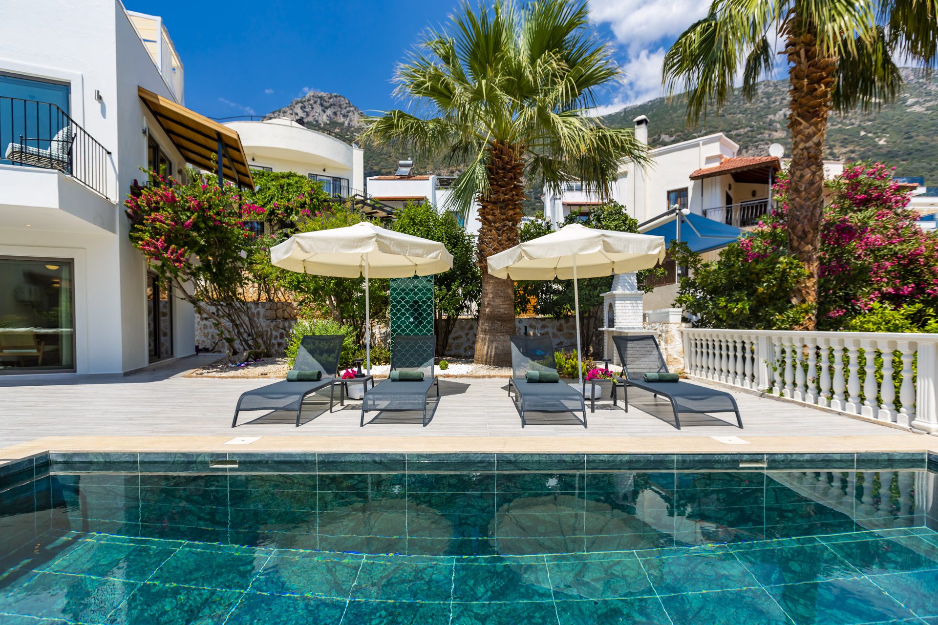 Outdoor pool and sun loungers in Villa Verde, holiday villa to rent in Kalkan, Turkey