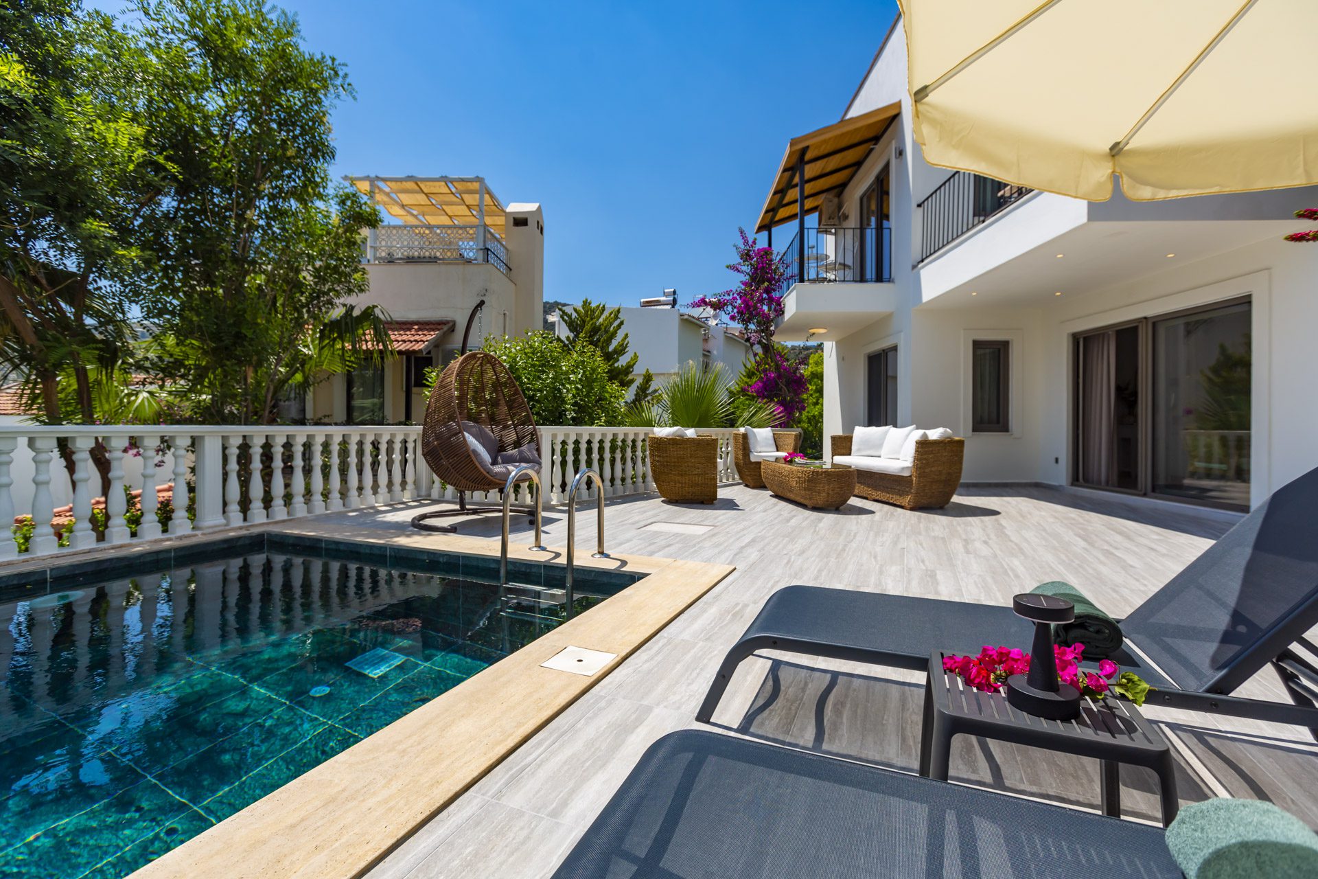 Outdoor pool with sun loungers in Villa Verde, holiday villa to rent in Kalkan, Turkey