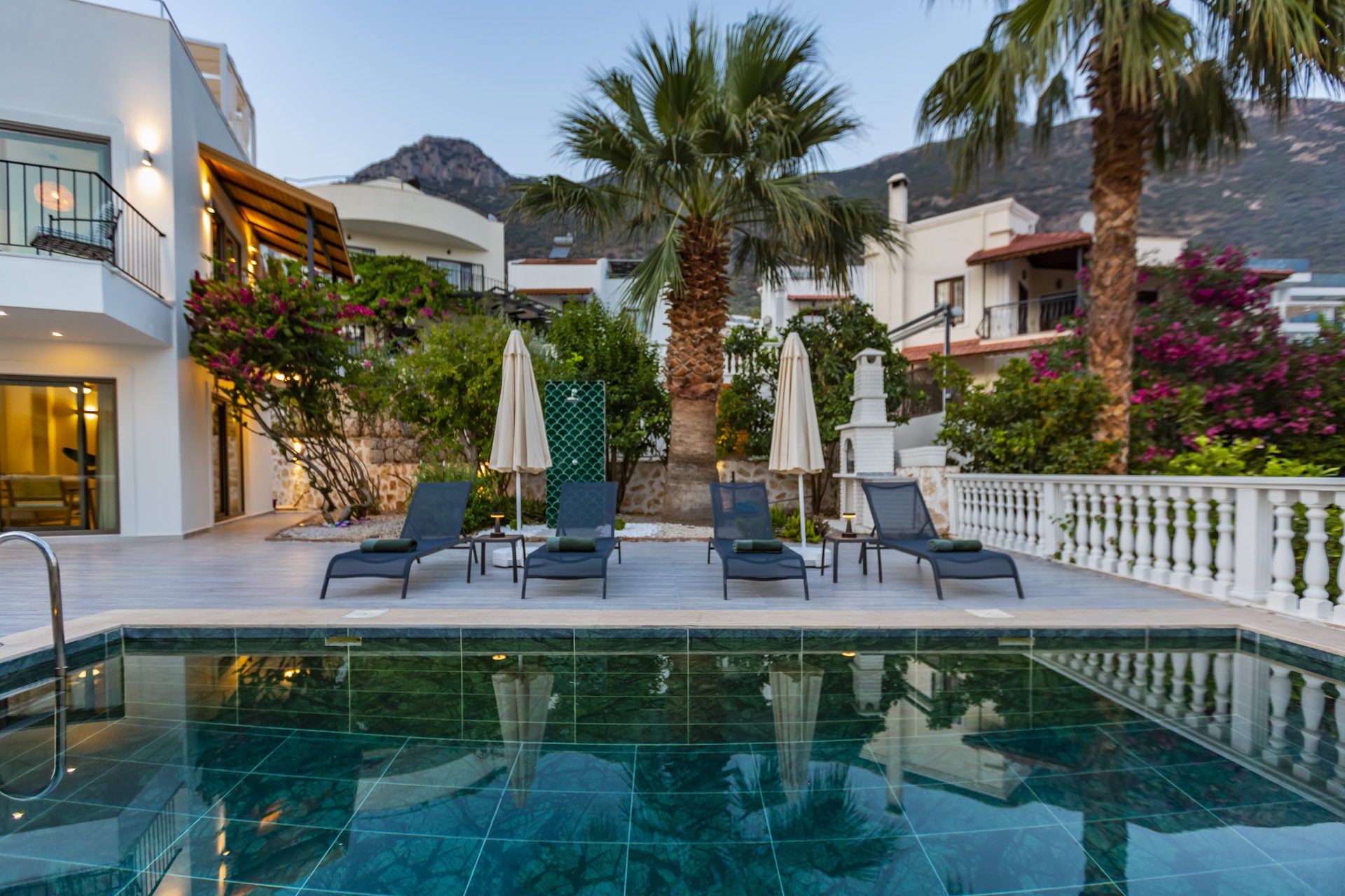 Outdoor pool and sun loungers in Villa Verde, holiday villa to rent in Kalkan, Turkey