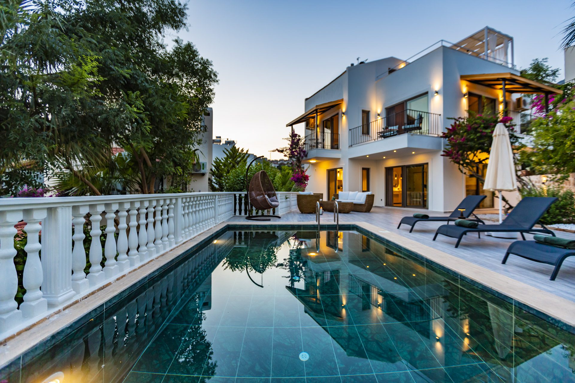 Outdoor pool and sun loungers in Villa Verde, holiday villa to rent in Kalkan, Turkey