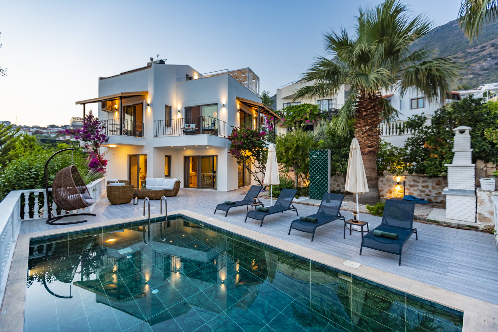 Outdoor pool and sun loungers in Villa Verde, holiday villa to rent in Kalkan, Turkey