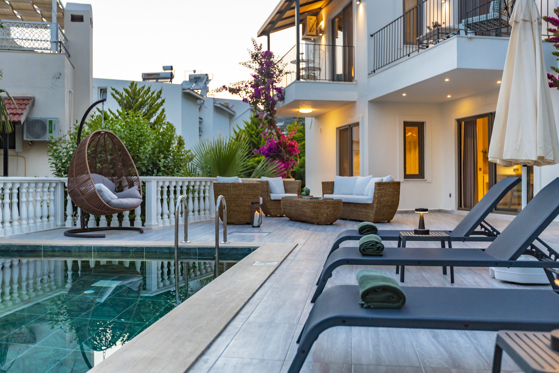 Outdoor pool and sun loungers in Villa Verde, holiday villa to rent in Kalkan, Turkey