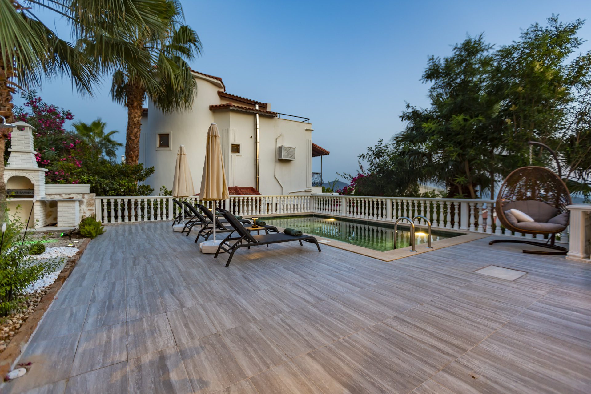 Outdoor pool and sun loungers in Villa Verde, holiday villa to rent in Kalkan, Turkey