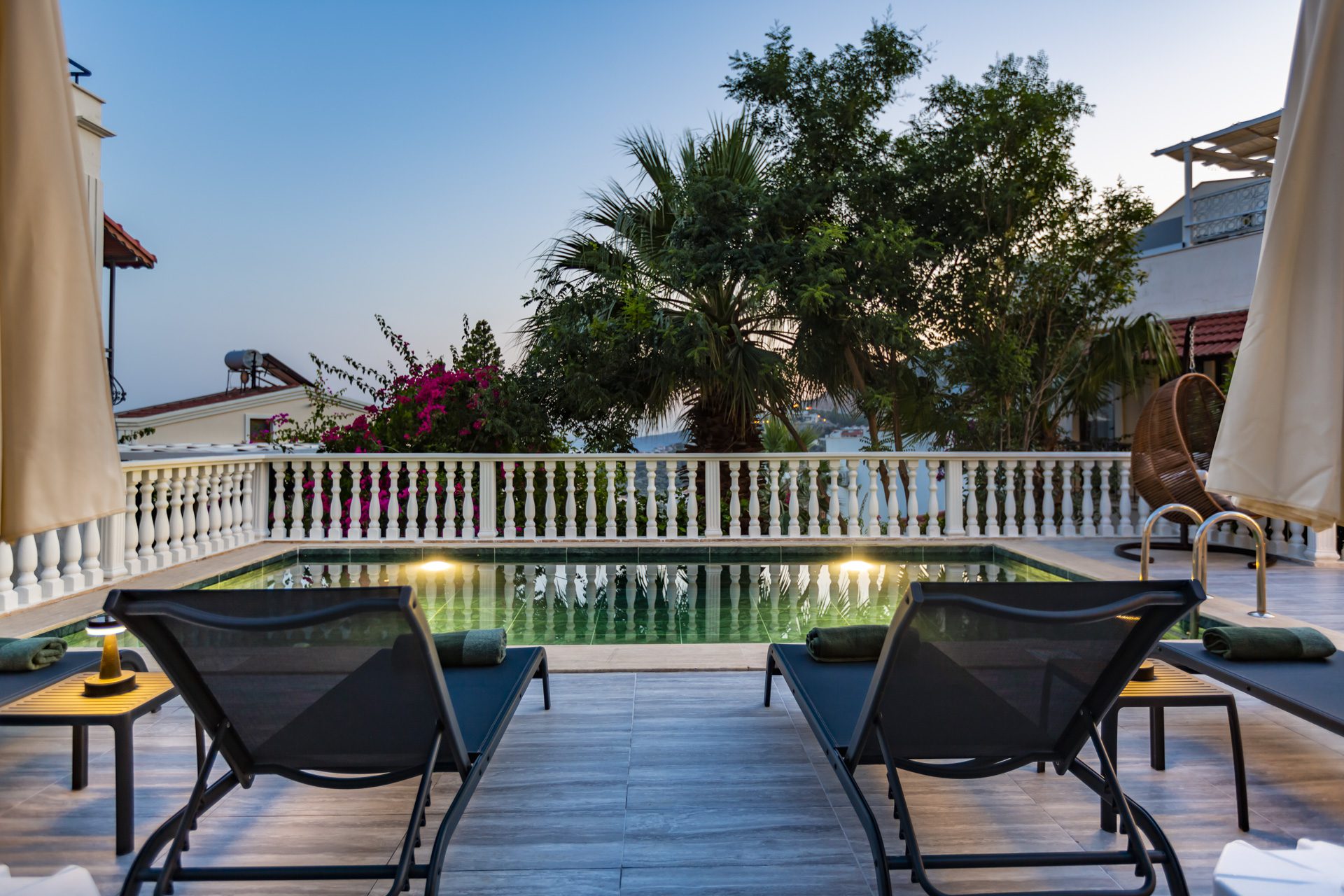 Outdoor pool and sun loungers in Villa Verde, holiday villa to rent in Kalkan, Turkey