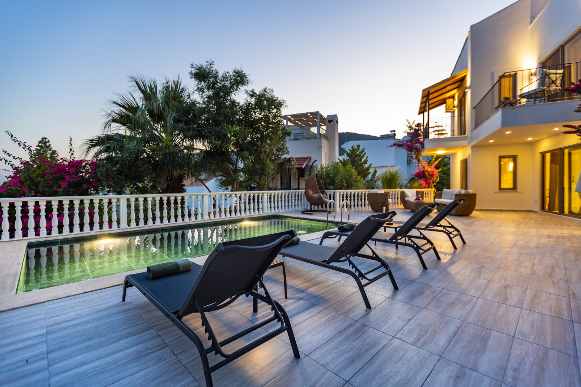 Outdoor pool and sun loungers in Villa Verde, holiday villa to rent in Kalkan, Turkey