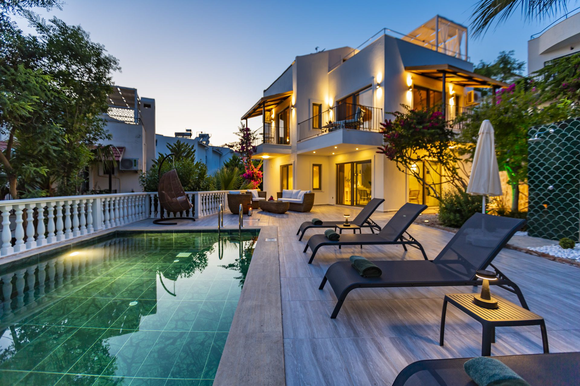 Outdoor pool and sun loungers in Villa Verde, holiday villa to rent in Kalkan, Turkey