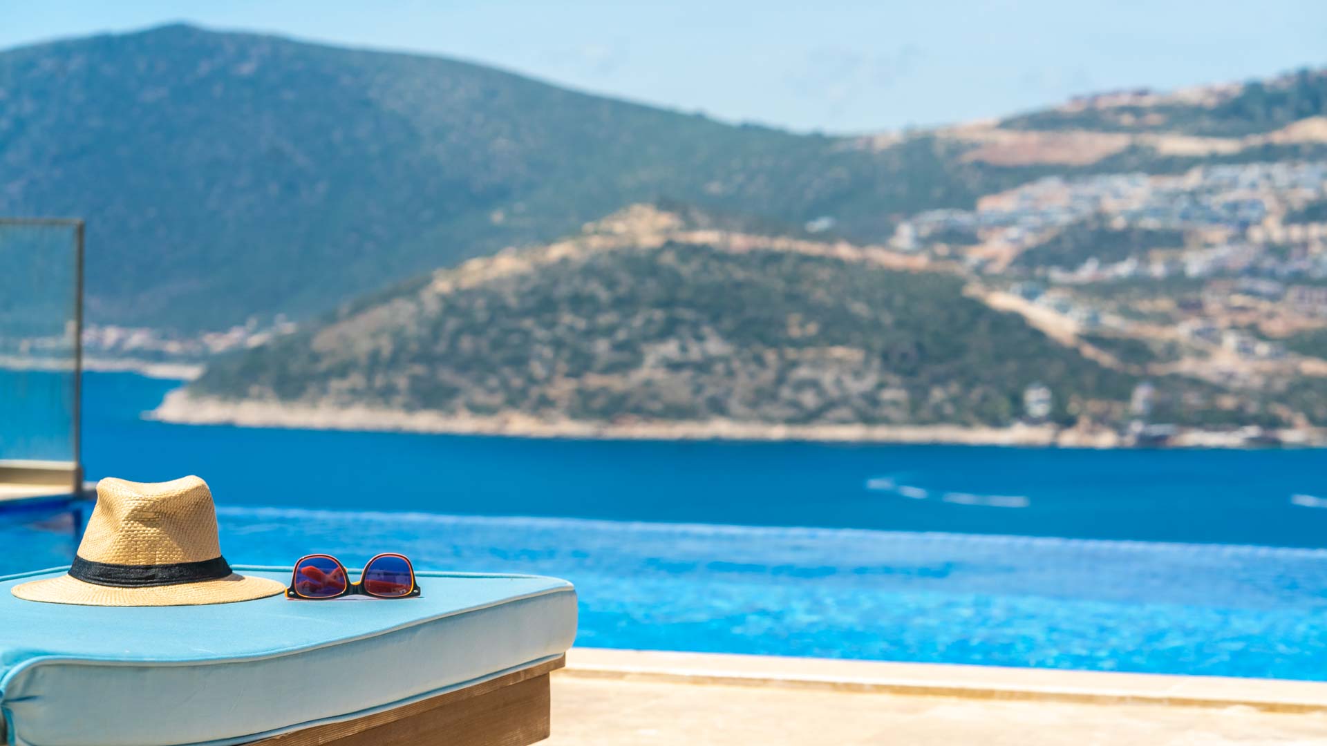 Sun loungers and view from Villa Elia, villa holidays in Kalkan, Turkey