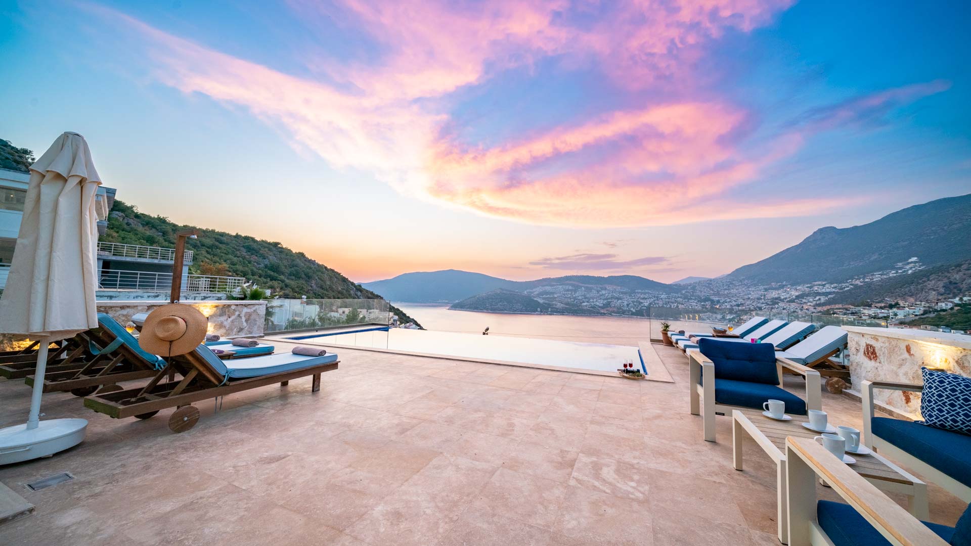 Outdoor pool and sun loungers at Villa Elia, villa holidays in Kalkan, Turkey