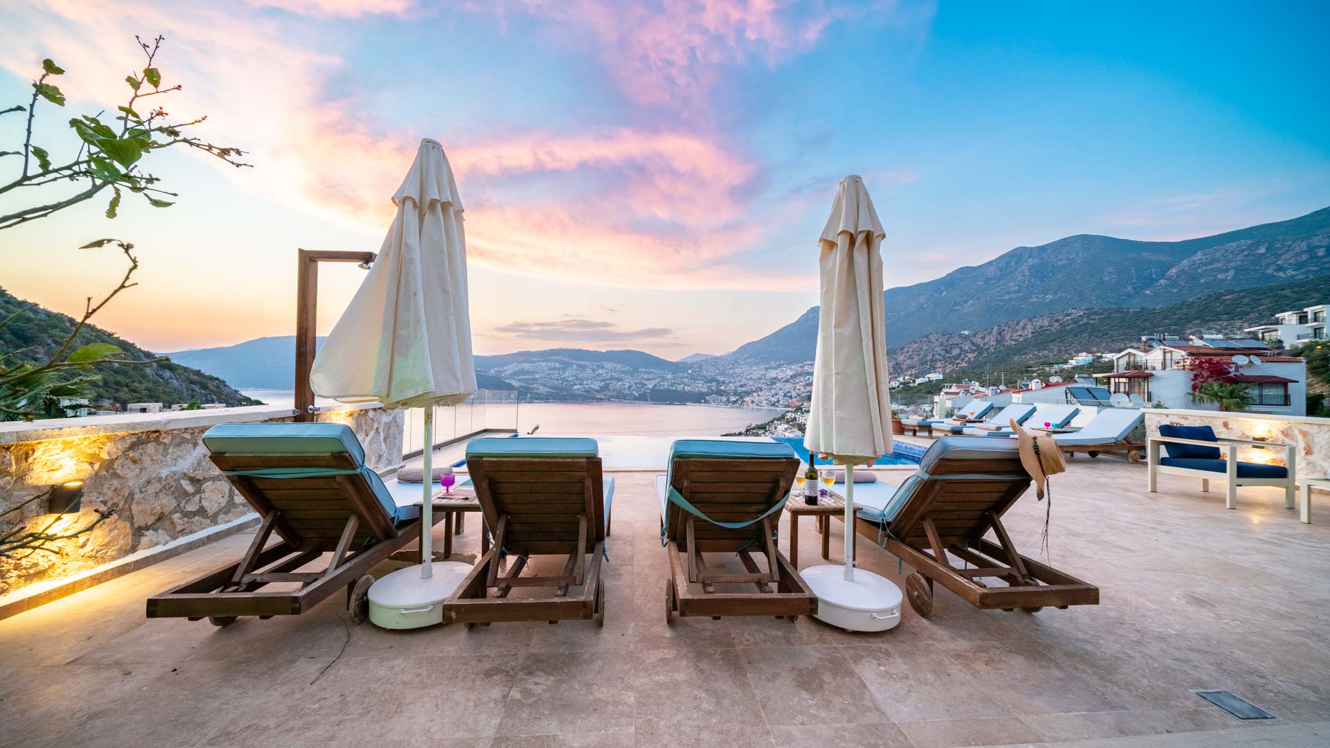 Outdoor pool and sun loungers in Villa Elia, villa holidays in Kalkan, Turkey