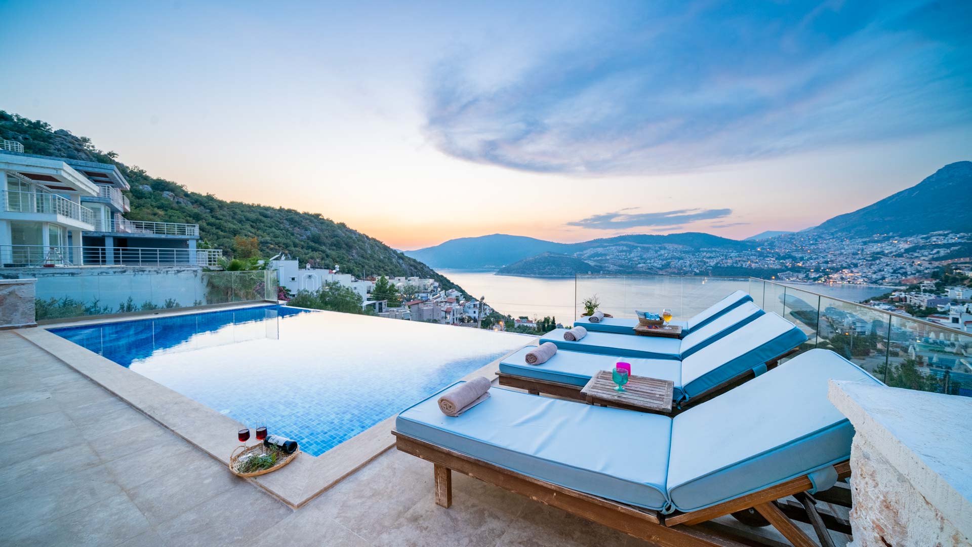 Outdoor pool and sun loungers in Villa Elia, villa holidays in Kalkan, Turkey
