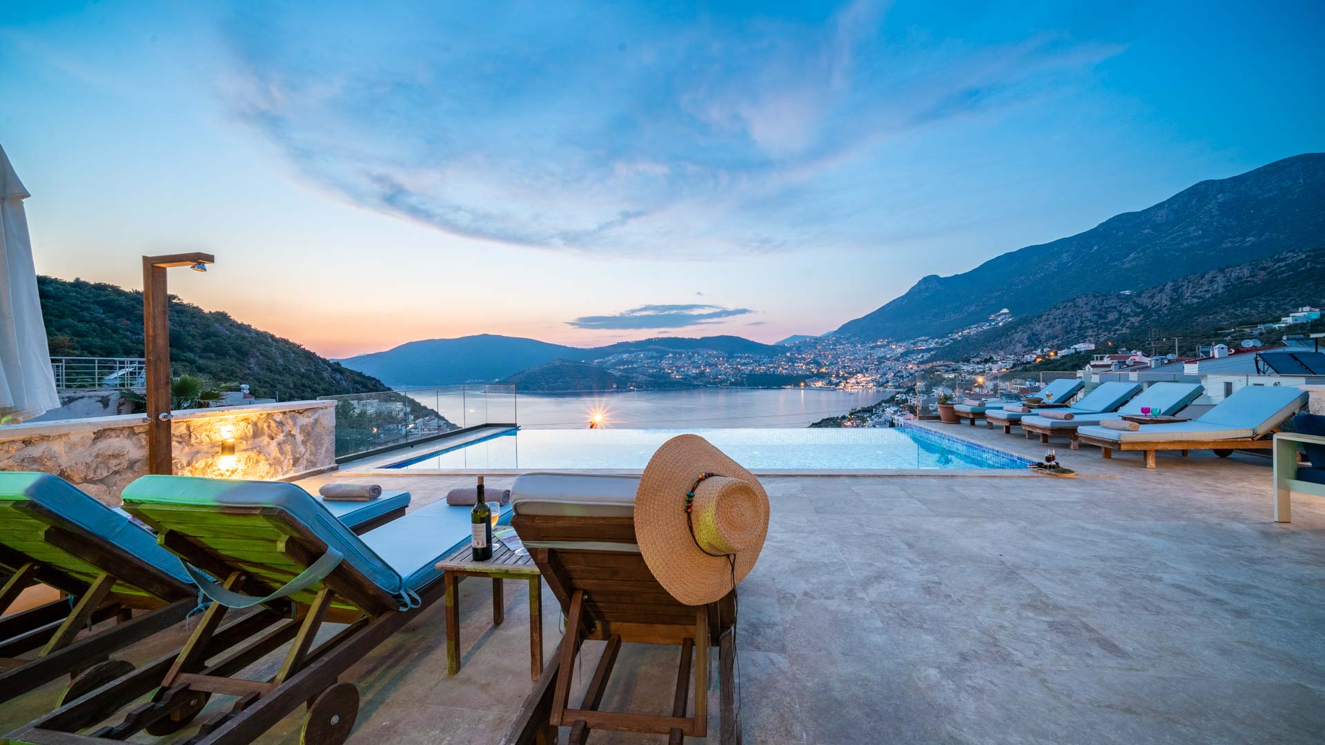 Outdoor pool and sun loungers in Villa Elia, villa holidays in Kalkan, Turkey