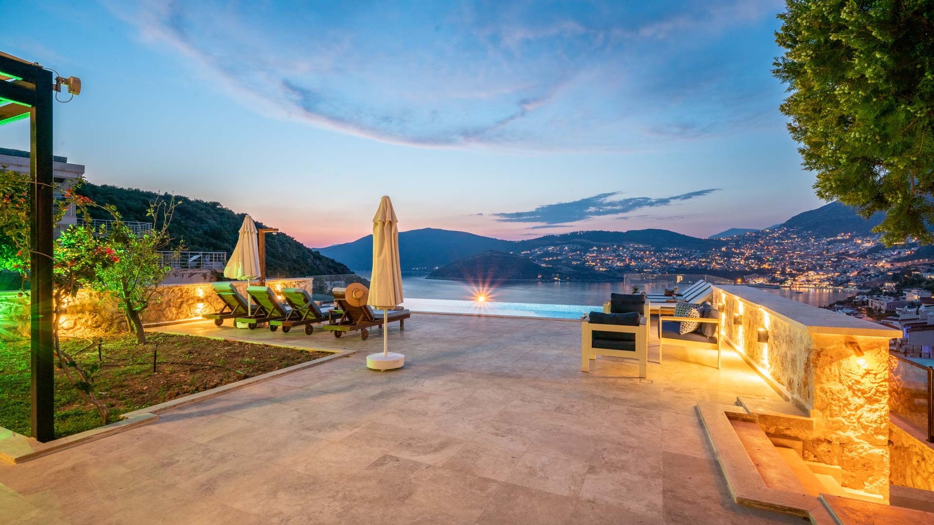 The garden at nighttime in Villa Elia, villa holidays in Kalkan, Turkey