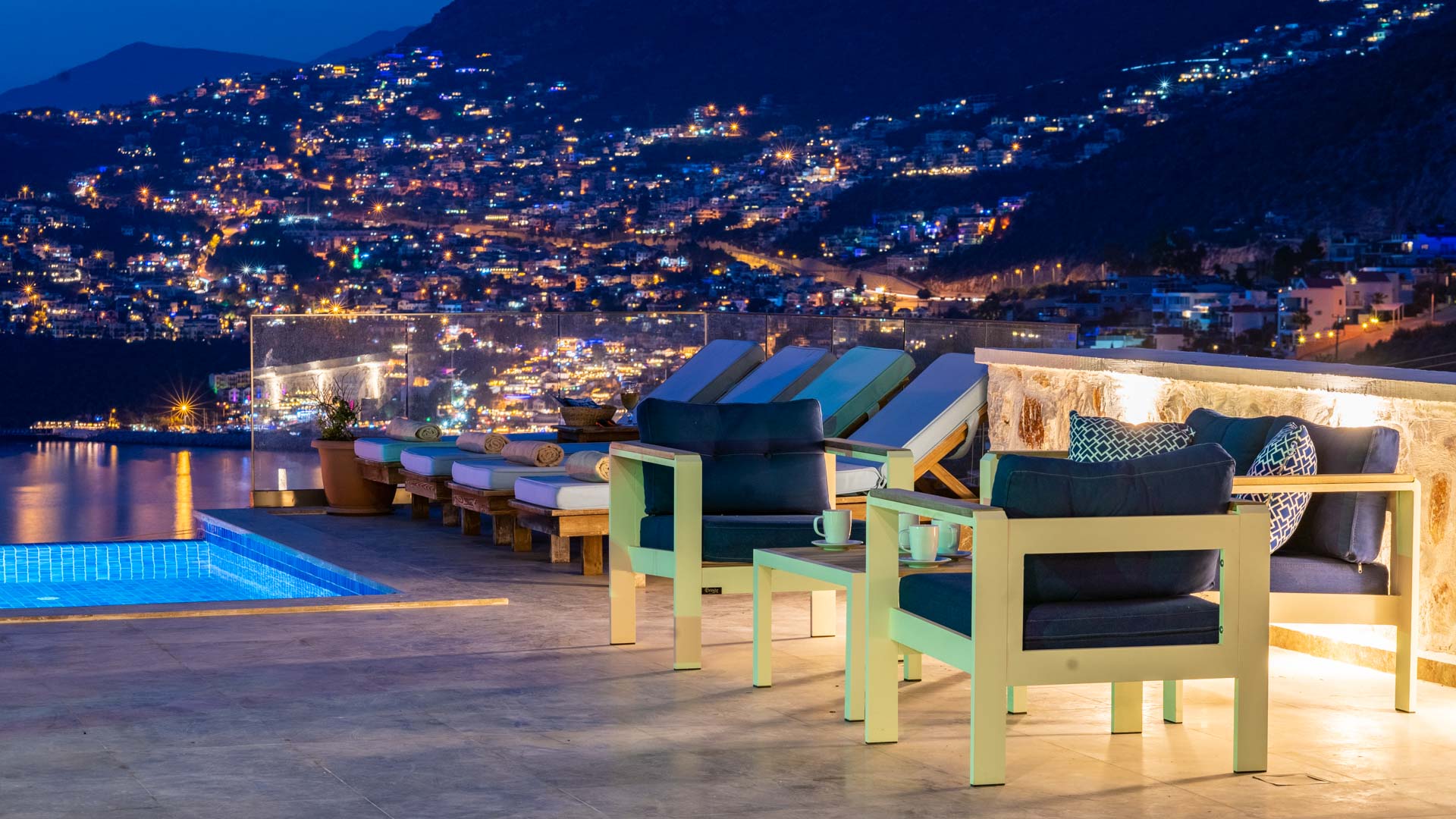 Outdoor pool and sun loungers in Villa Elia, villa holidays in Kalkan, Turkey