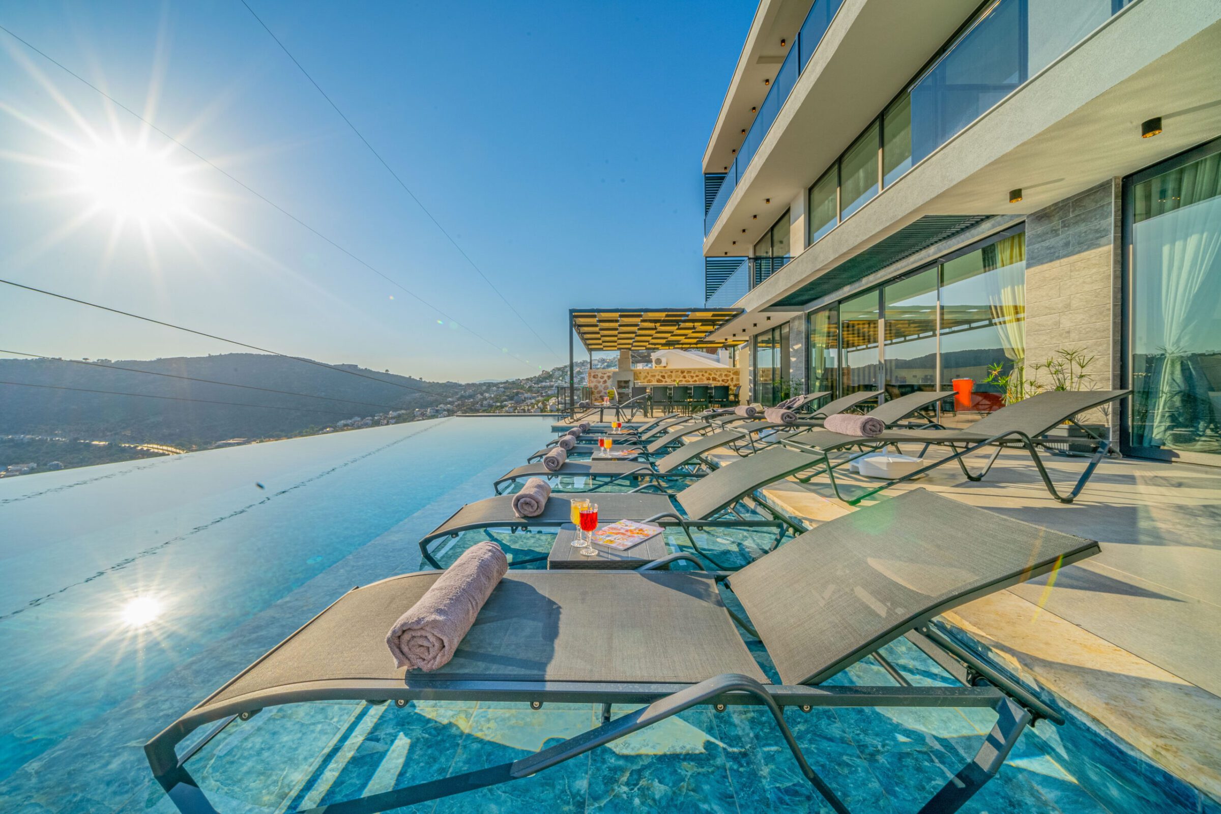 Outdoor pool and sun loungers in Villa Grey Falcon, villas to rent in kalkan, Turkey