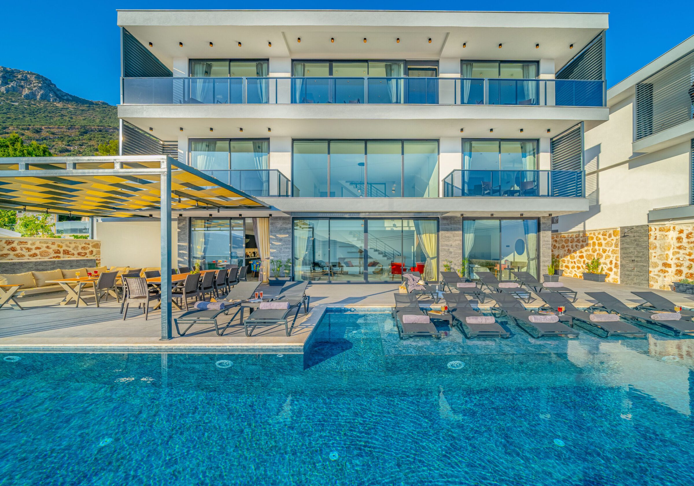 Outdoor pool and sun loungers in Villa Grey Falcon, villas to rent in kalkan, Turkey