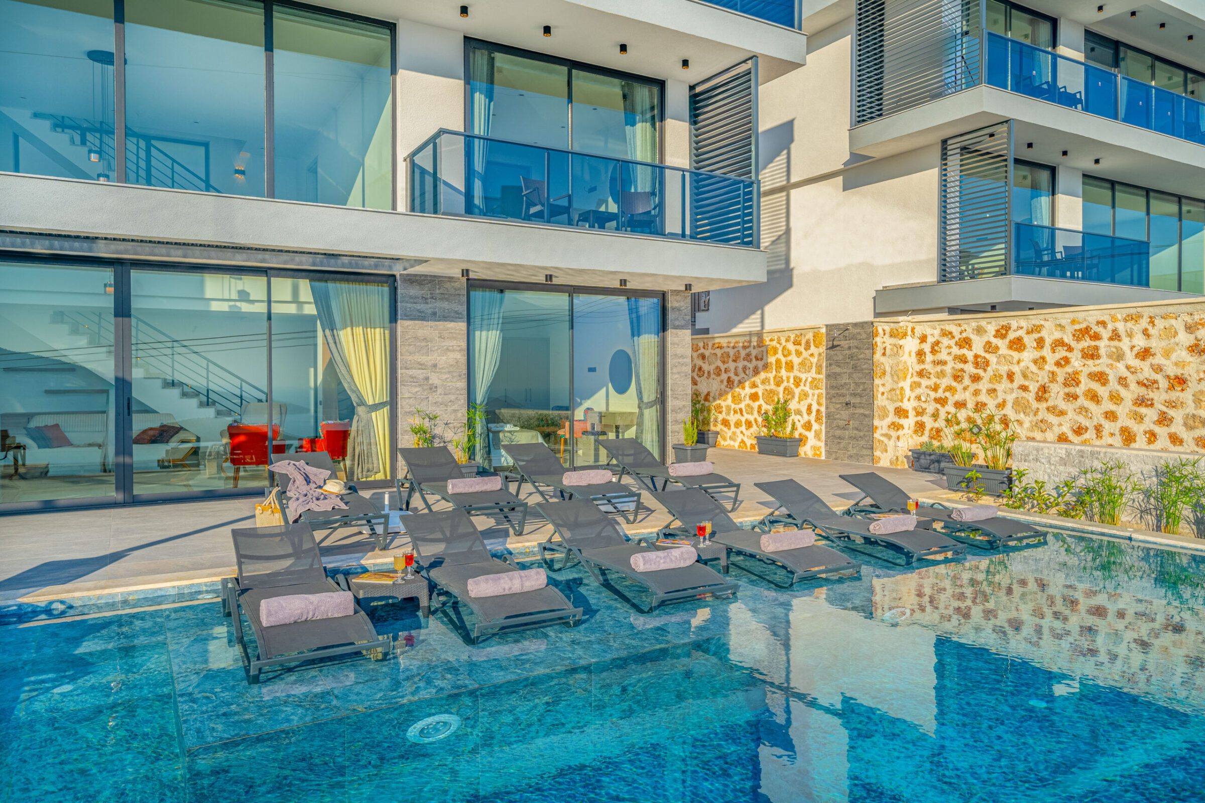 Outdoor infinity pool and view from Villa Grey Falcon, villas to rent in kalkan, Turkey