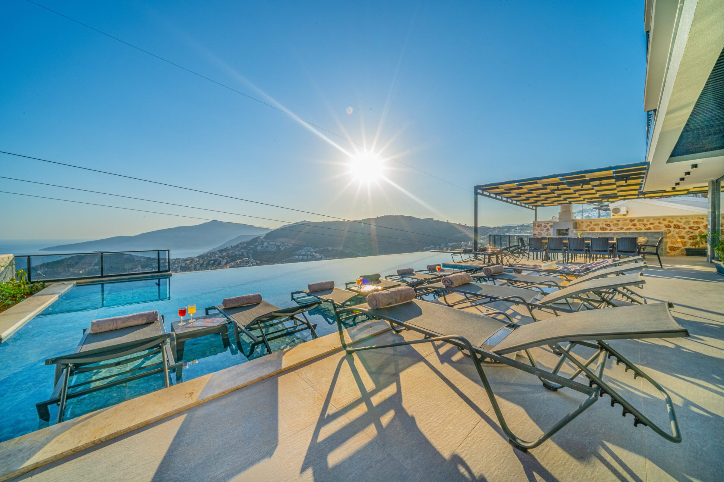 Outdoor pool and sun loungers in Villa Grey Falcon, villas to rent in kalkan, Turkey