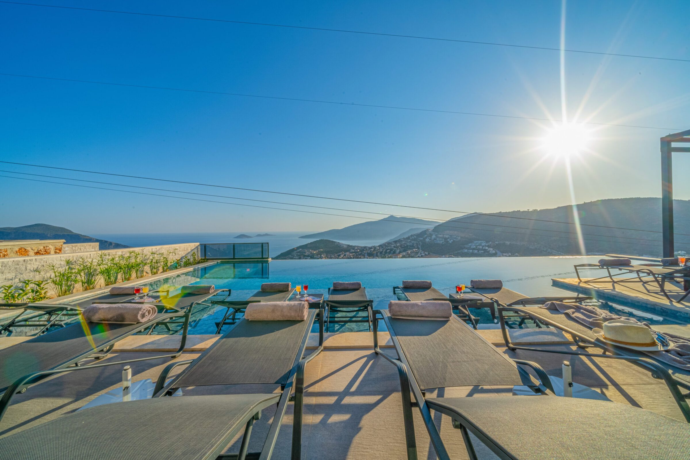 Outdoor pool and sun loungers in Villa Grey Falcon, villas to rent in kalkan, Turkey