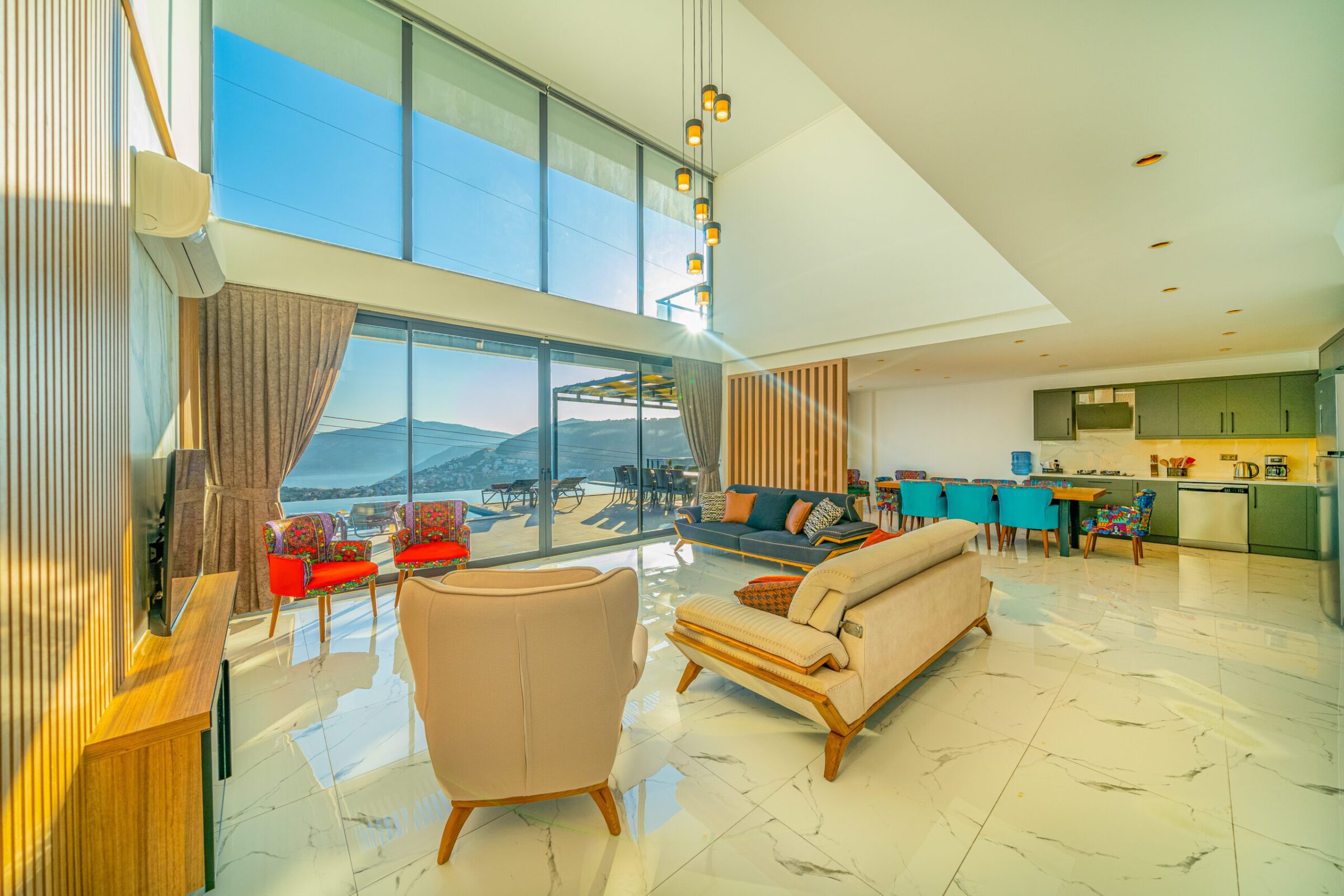 Open-planned lounge and kitchen in Villa Grey Falcon, villas to rent in kalkan, Turkey