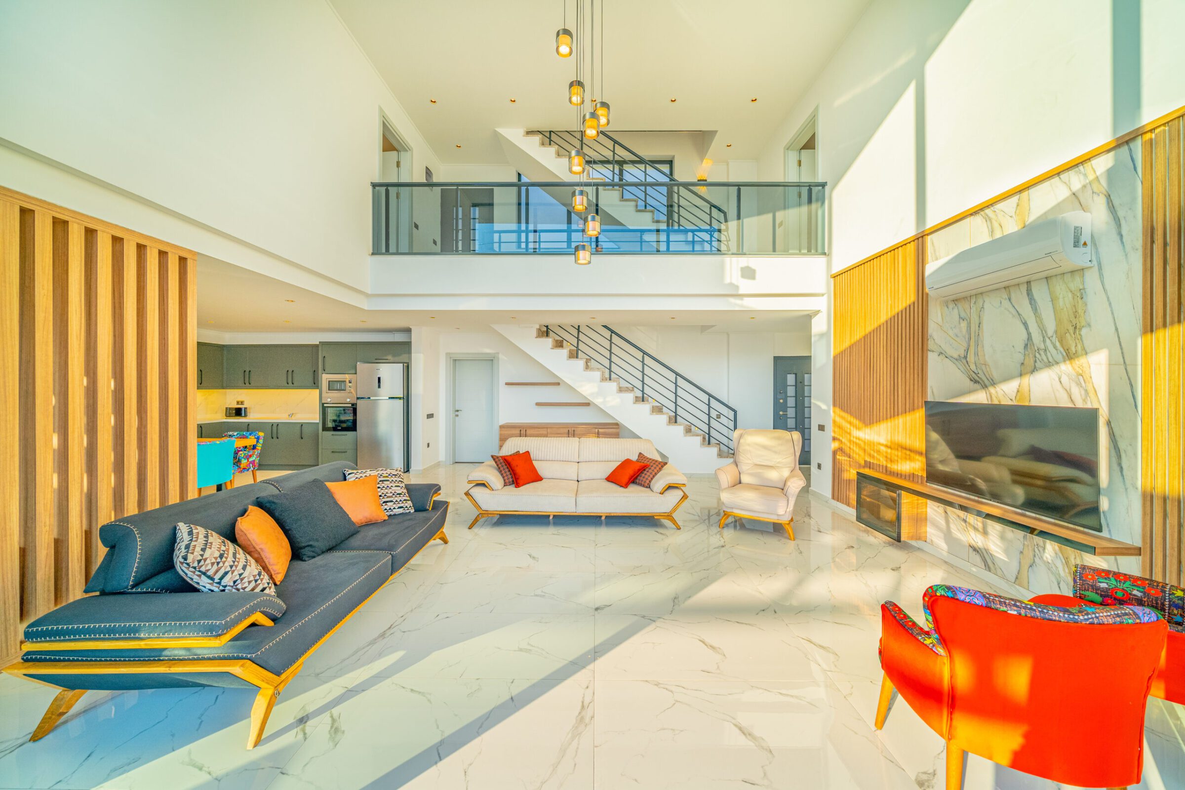 Open-planned kitchen and lounge in Villa Grey Falcon, villas to rent in kalkan, Turkey