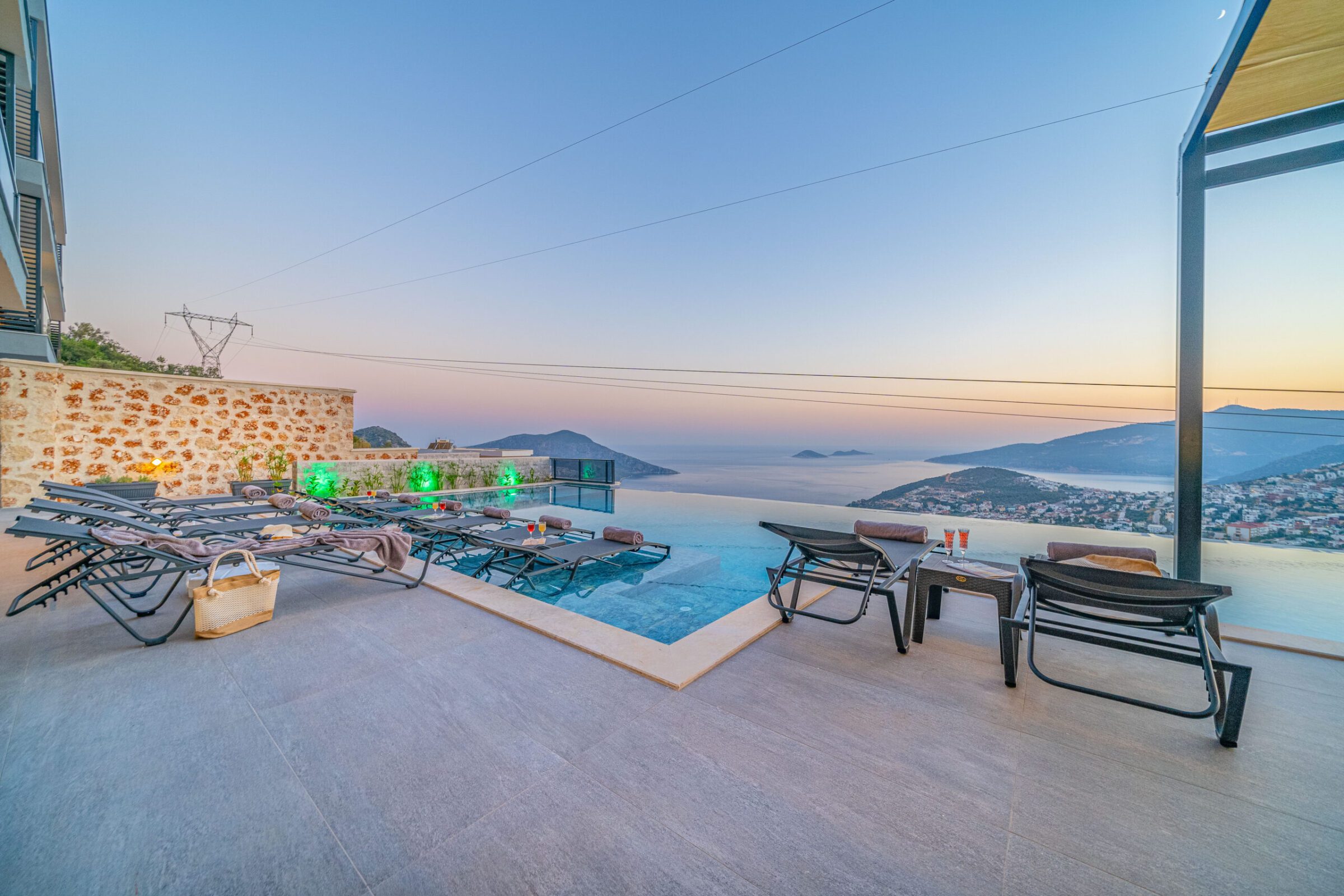 Outdoor pool and sun loungers in Villa Grey Falcon, villas to rent in kalkan, Turkey