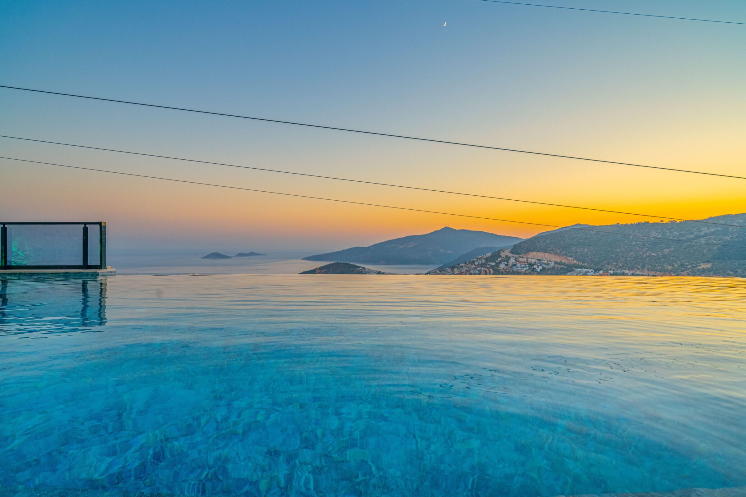 Outdoor infginity pool and view from Villa Grey Falcon, villas to rent in kalkan, Turkey