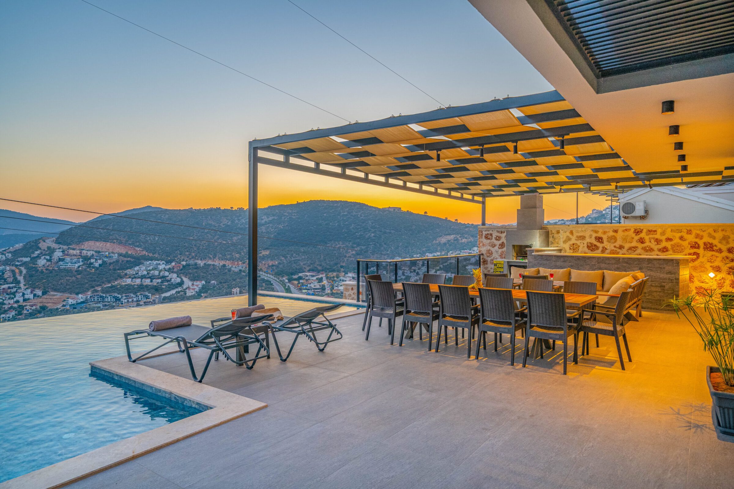 Outdoor pool and sun loungers in Villa Grey Falcon, villas to rent in kalkan, Turkey