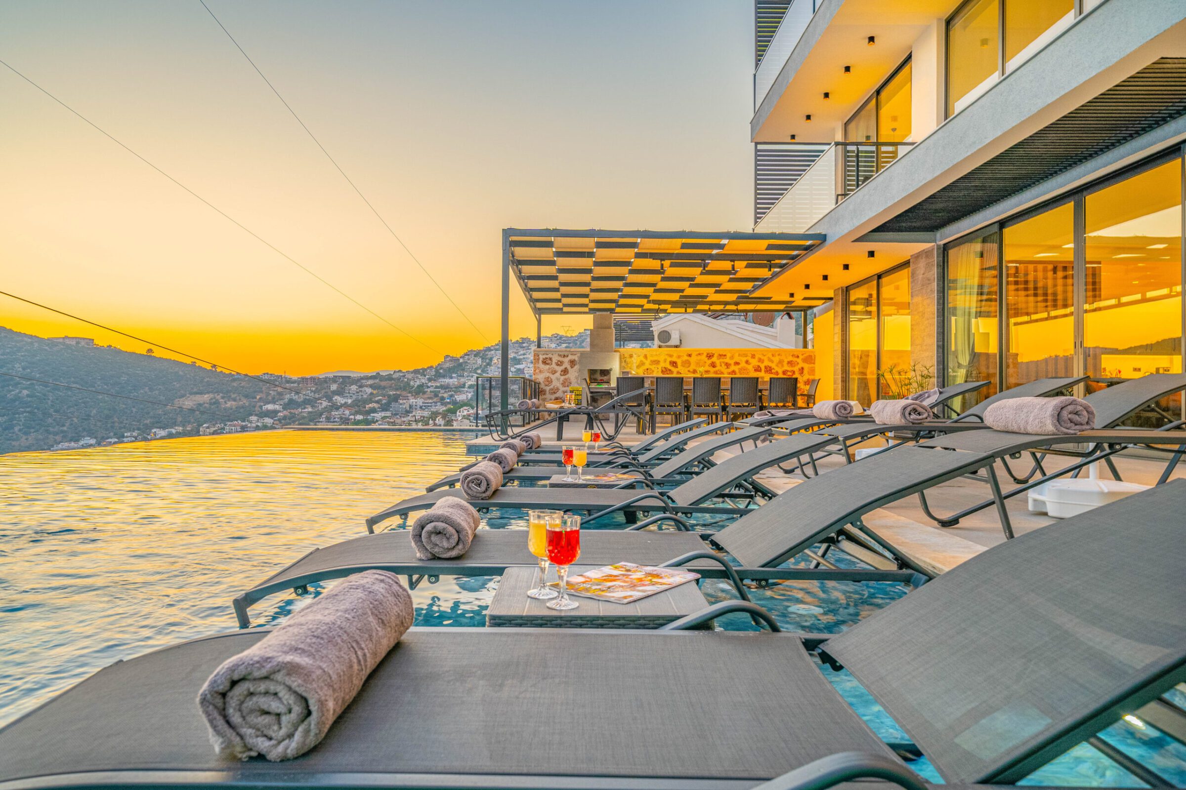 Outdoor pool and sun loungers in Villa Grey Falcon, villas to rent in kalkan, Turkey
