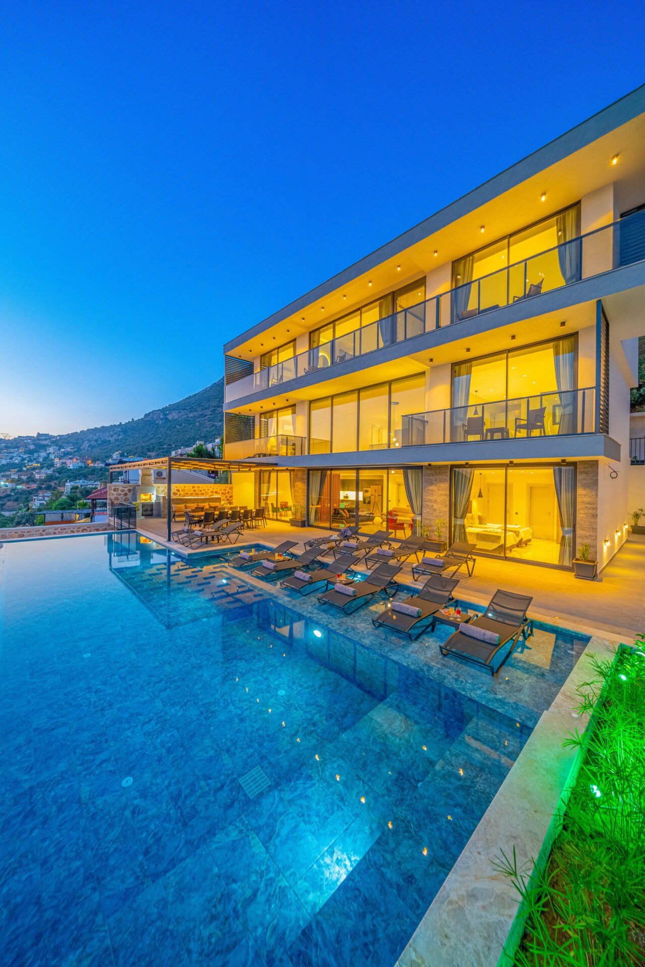 Outdoor pool and sun loungers in Villa Grey Falcon, villas to rent in kalkan, Turkey