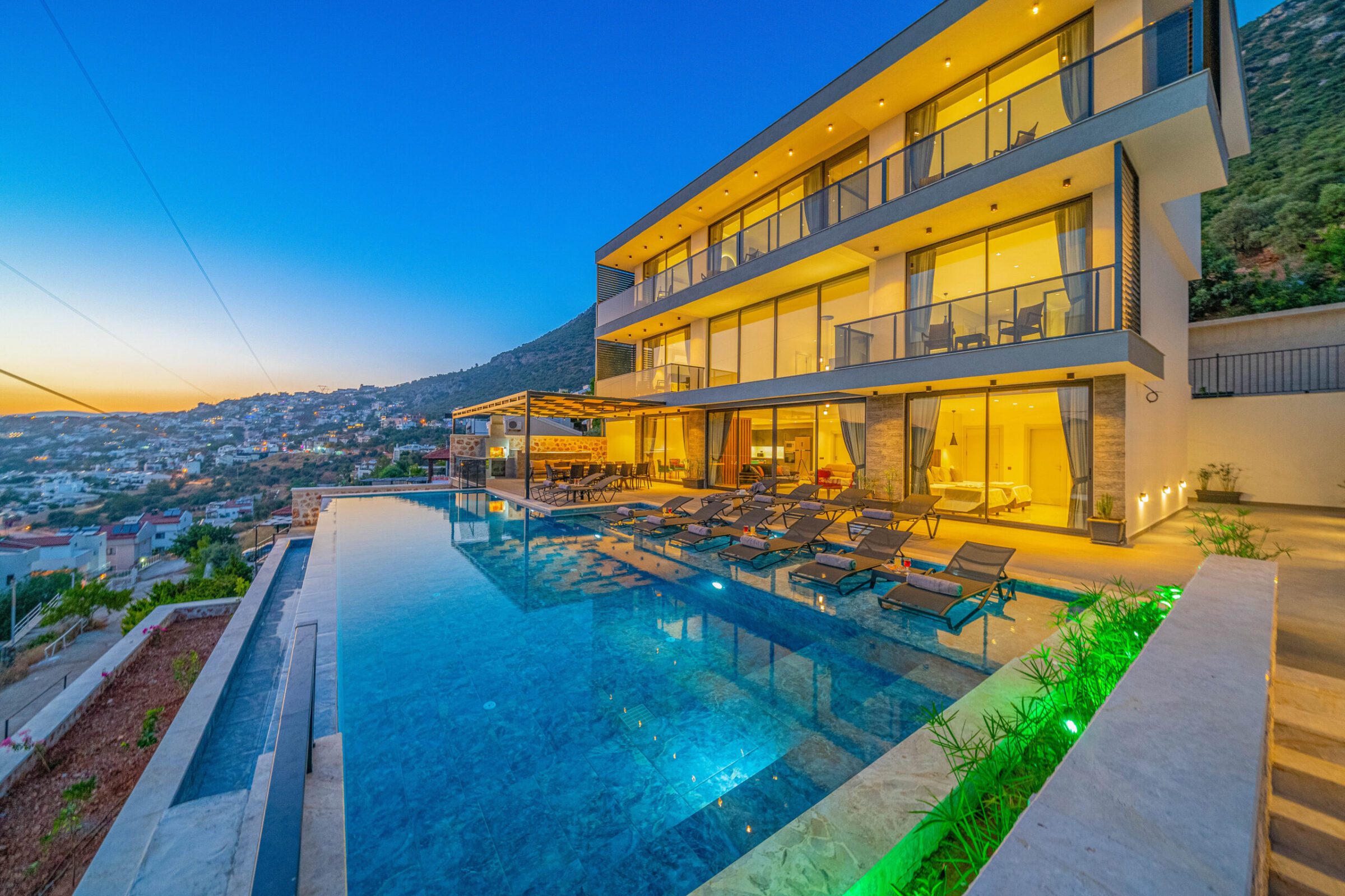 Outdoor pool and sun loungers in Villa Grey Falcon, villas to rent in kalkan, Turkey