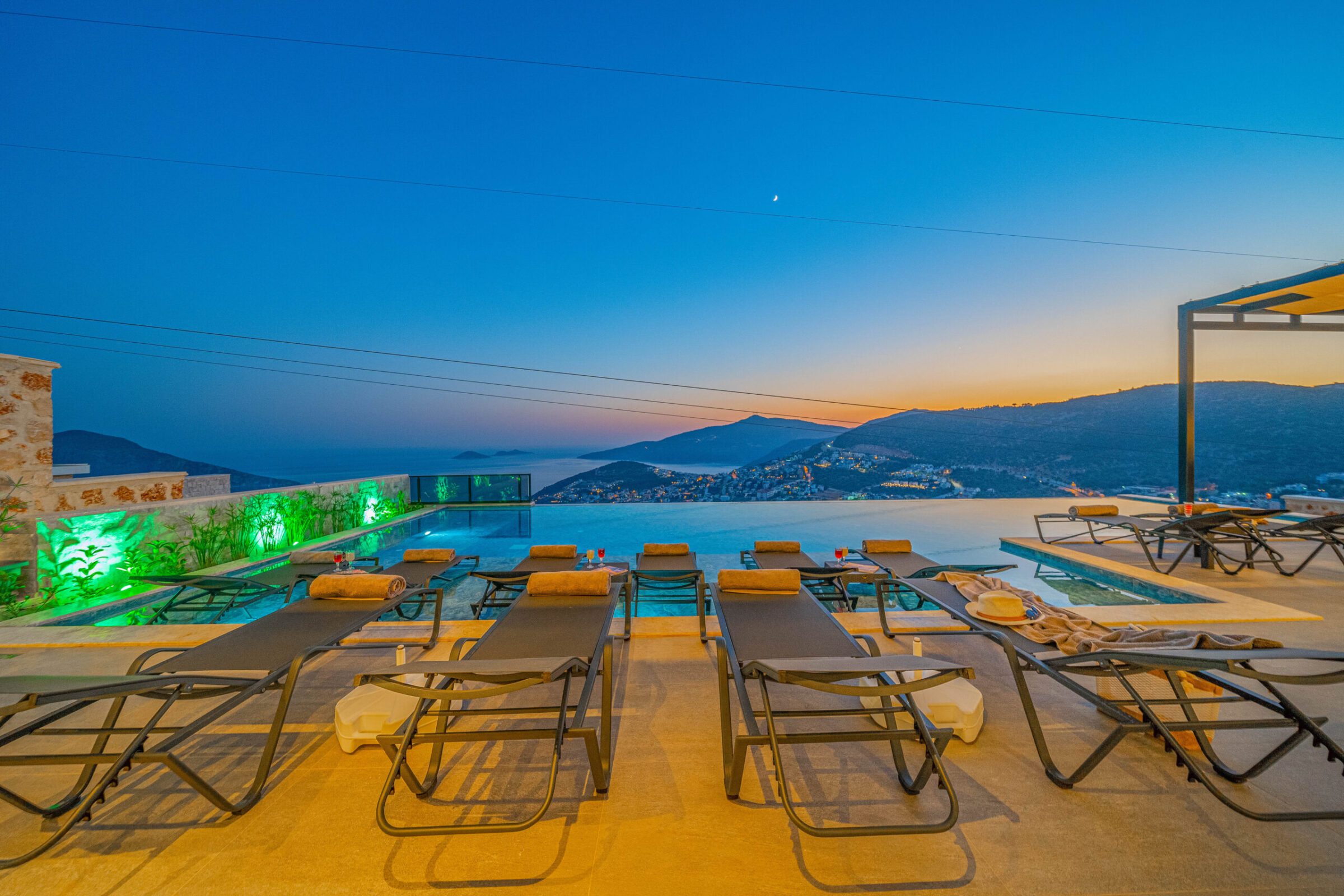 Outdoor pool with sun loungers in Villa Grey Falcon, villas to rent in kalkan, Turkey