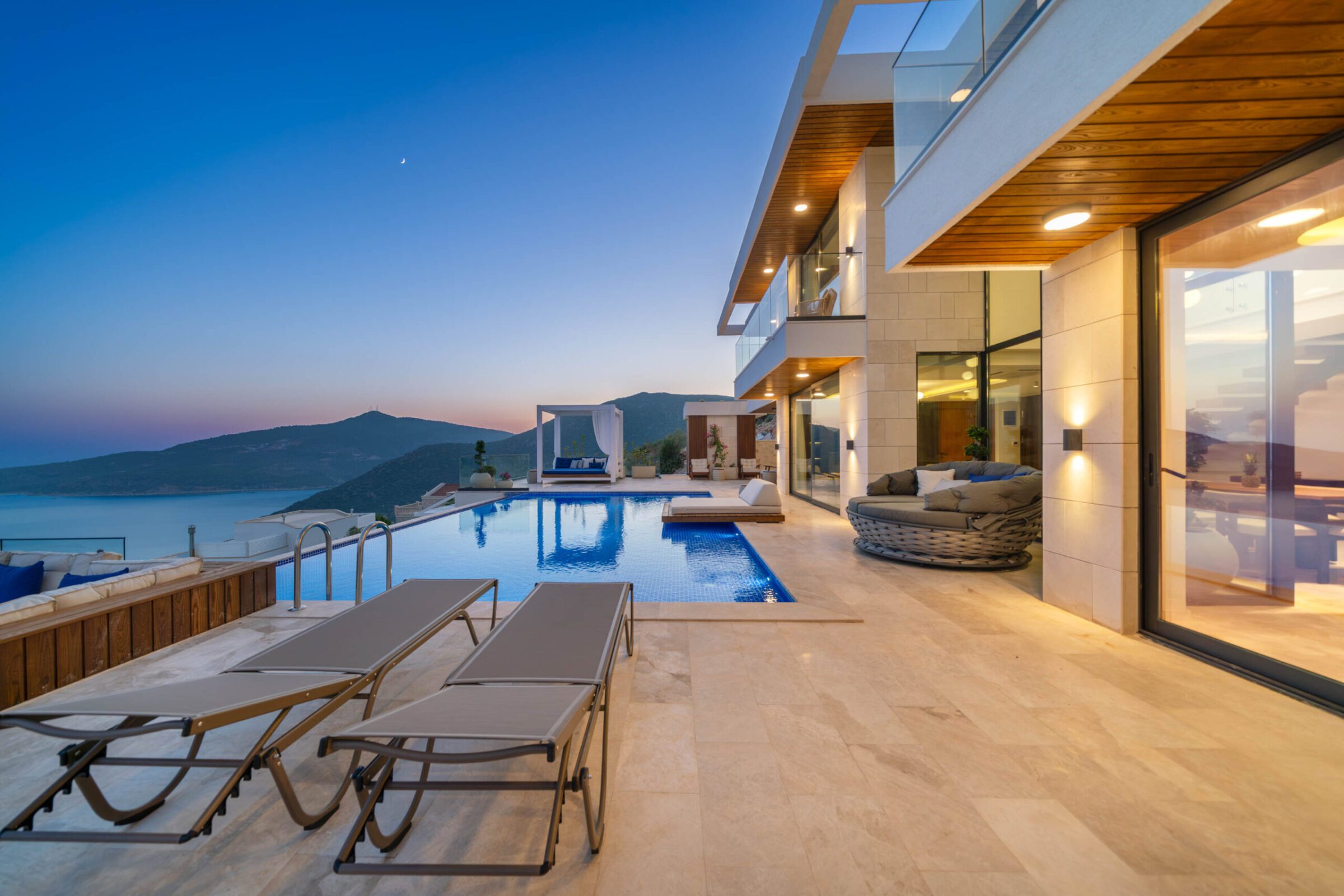 Outdoor pool and sun loungers in Villa Anatolia 1, villas to rent in Kalkan, Turkey