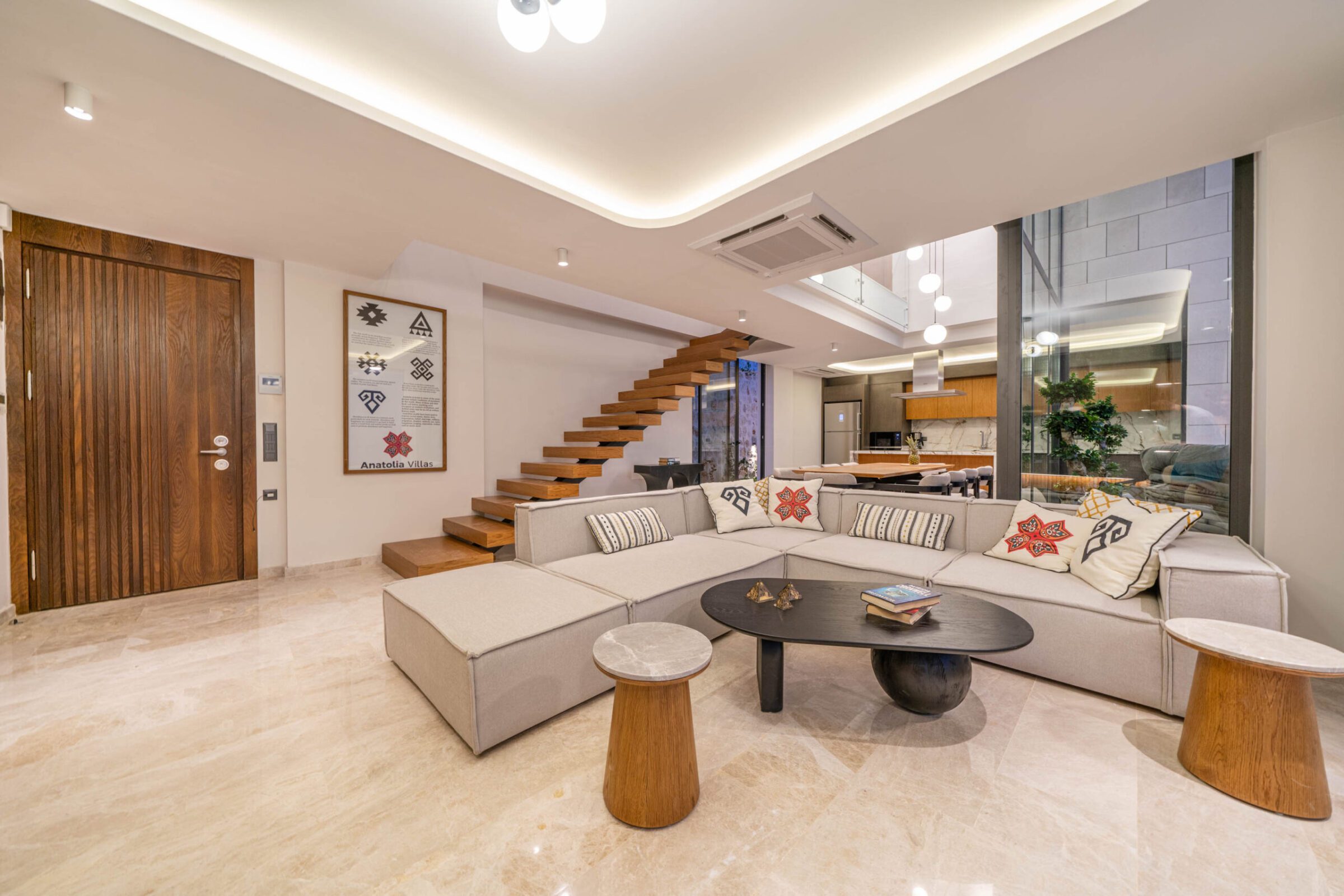 Open-planned lounge and kitchen in Villa Anatolia 1, villas to rent in Kalkan, Turkey